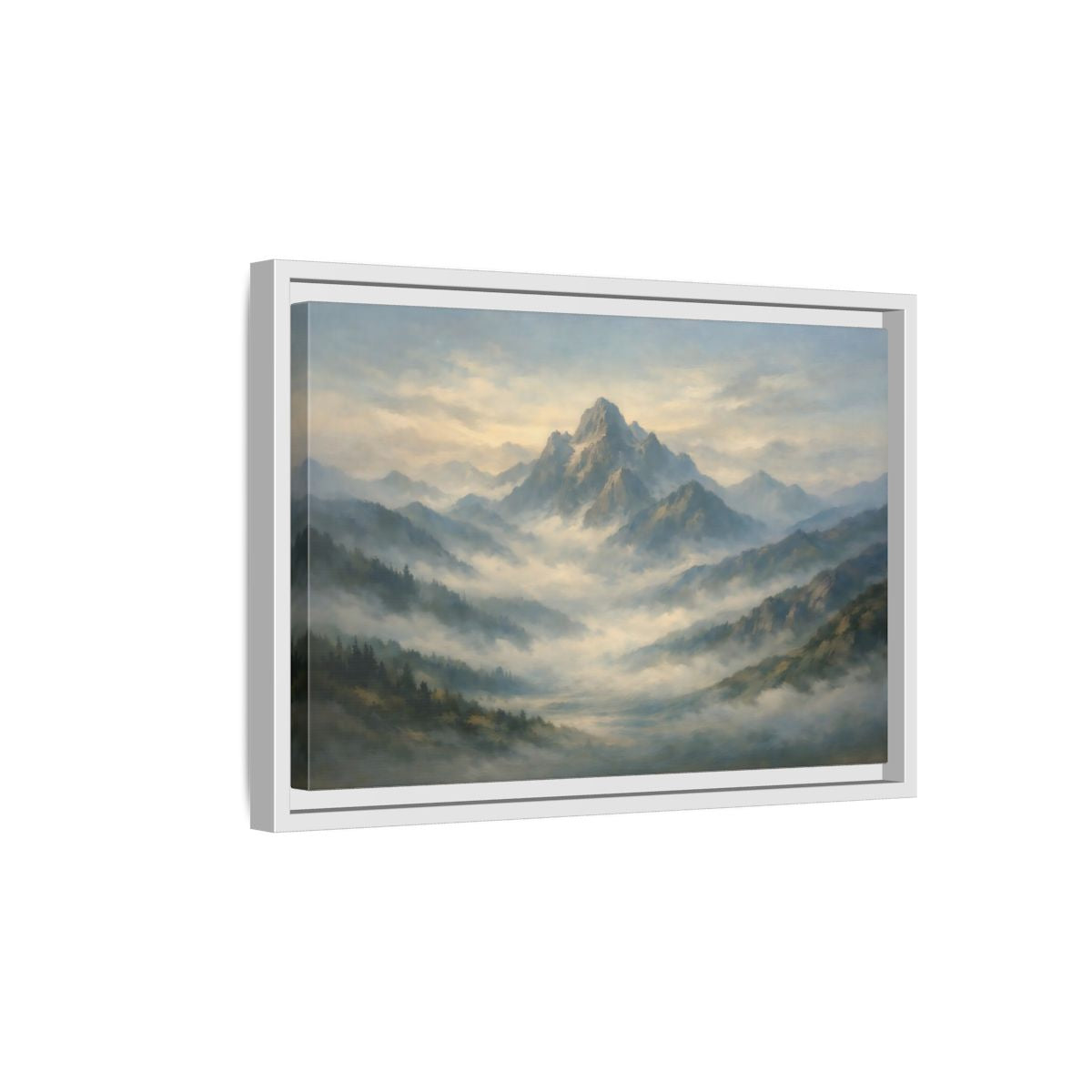 Side Mockup 4. Nature Misty Mountains Blue Green Landscape shown as stretched canvas wall art