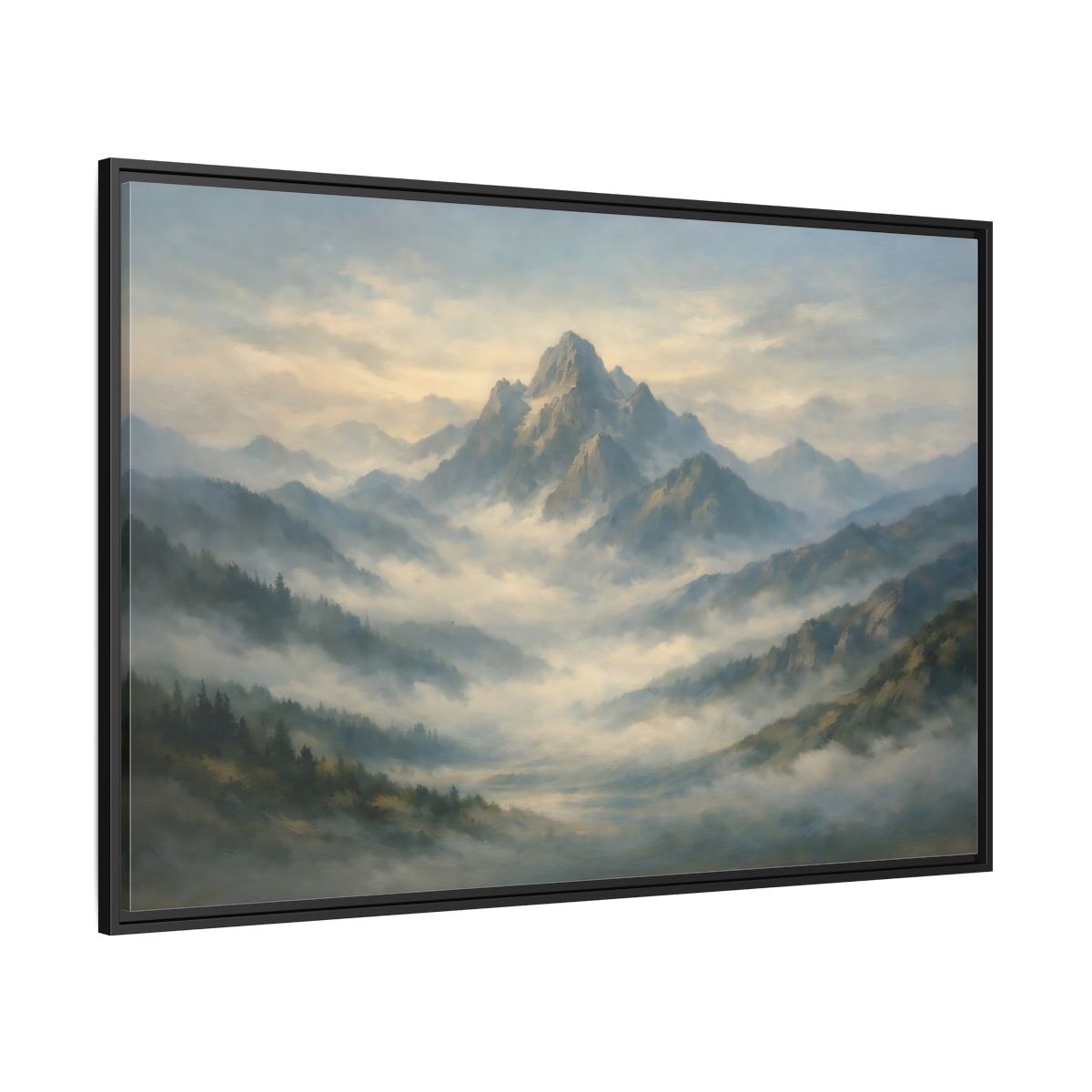Side Mockup 12. Nature Misty Mountains Blue Green Landscape shown as stretched canvas wall art