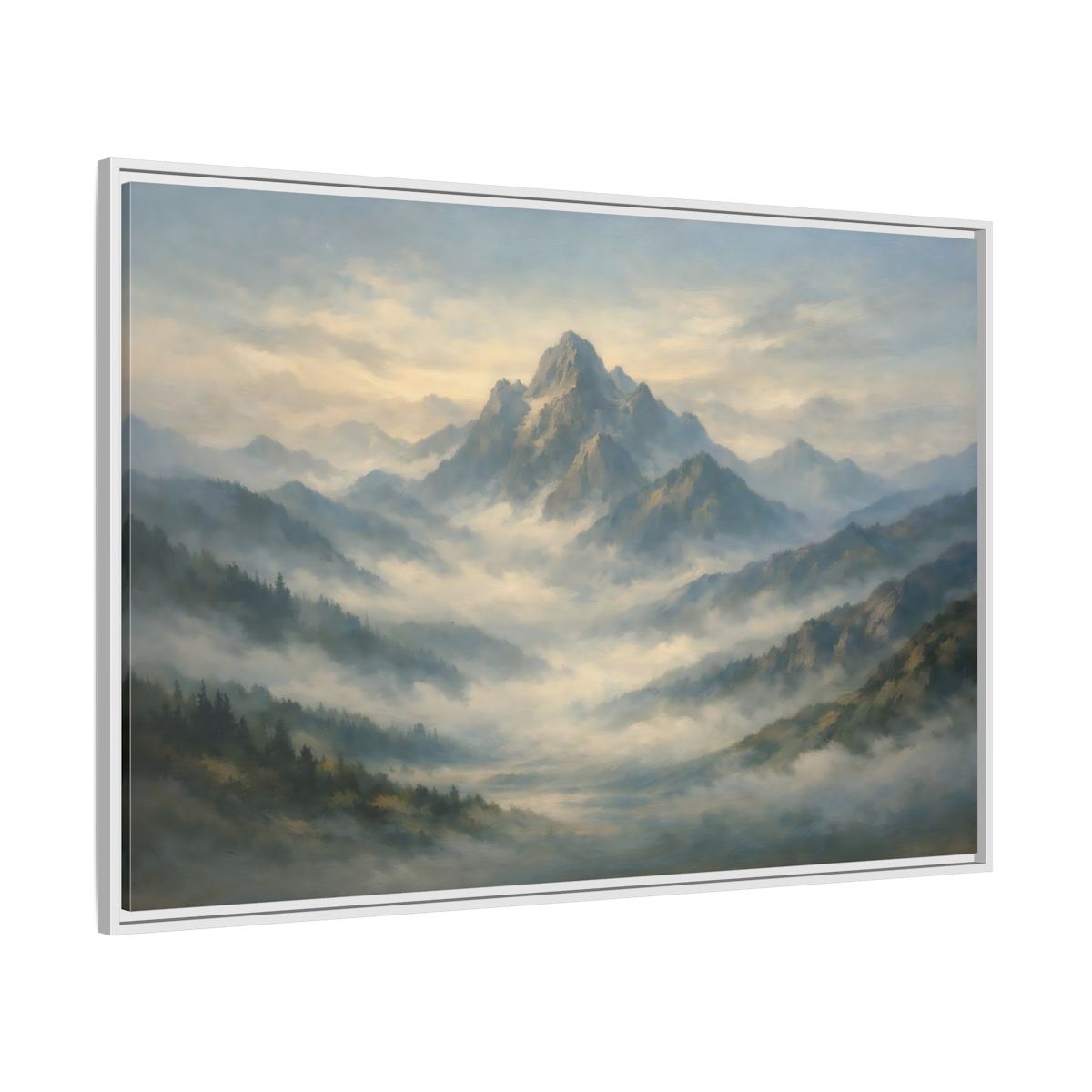 Side Mockup 7. Nature Misty Mountains Blue Green Landscape shown as stretched canvas wall art