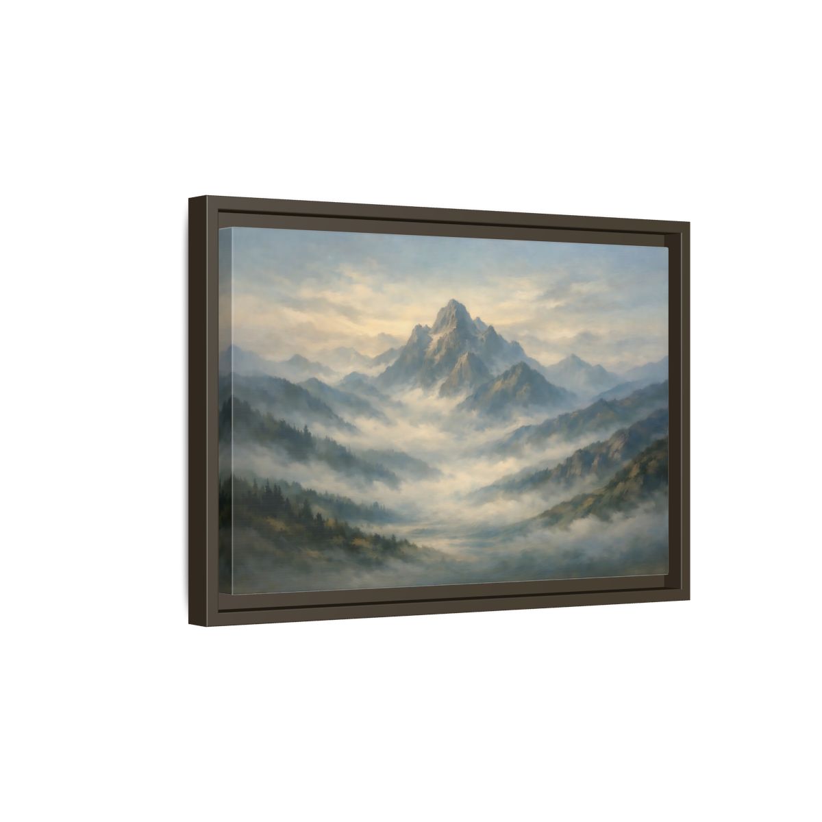Side Mockup 5. Nature Misty Mountains Blue Green Landscape shown as stretched canvas wall art