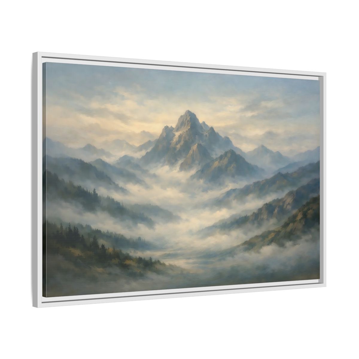 Side Mockup 8. Nature Misty Mountains Blue Green Landscape shown as stretched canvas wall art