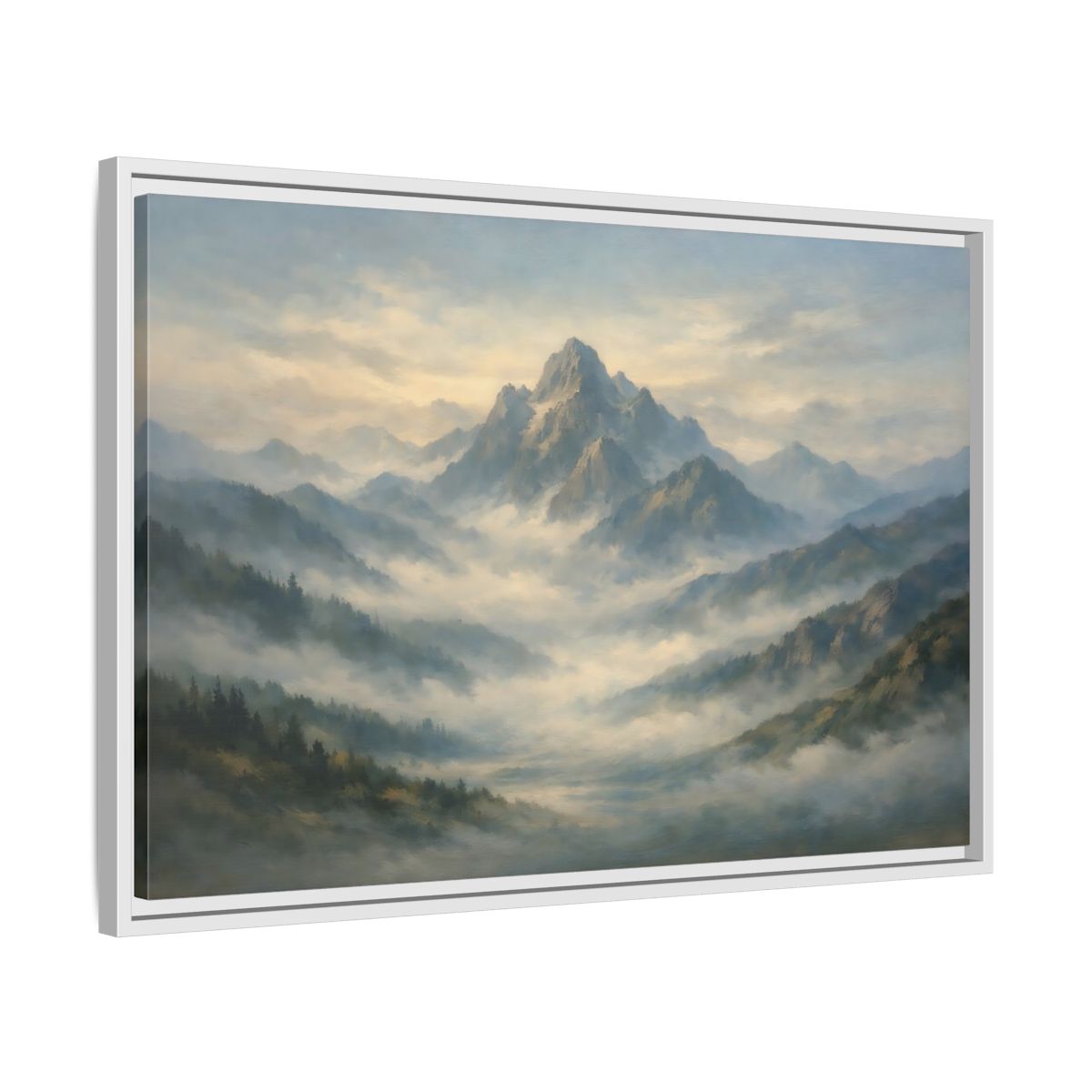 Side Mockup 10. Nature Misty Mountains Blue Green Landscape shown as stretched canvas wall art