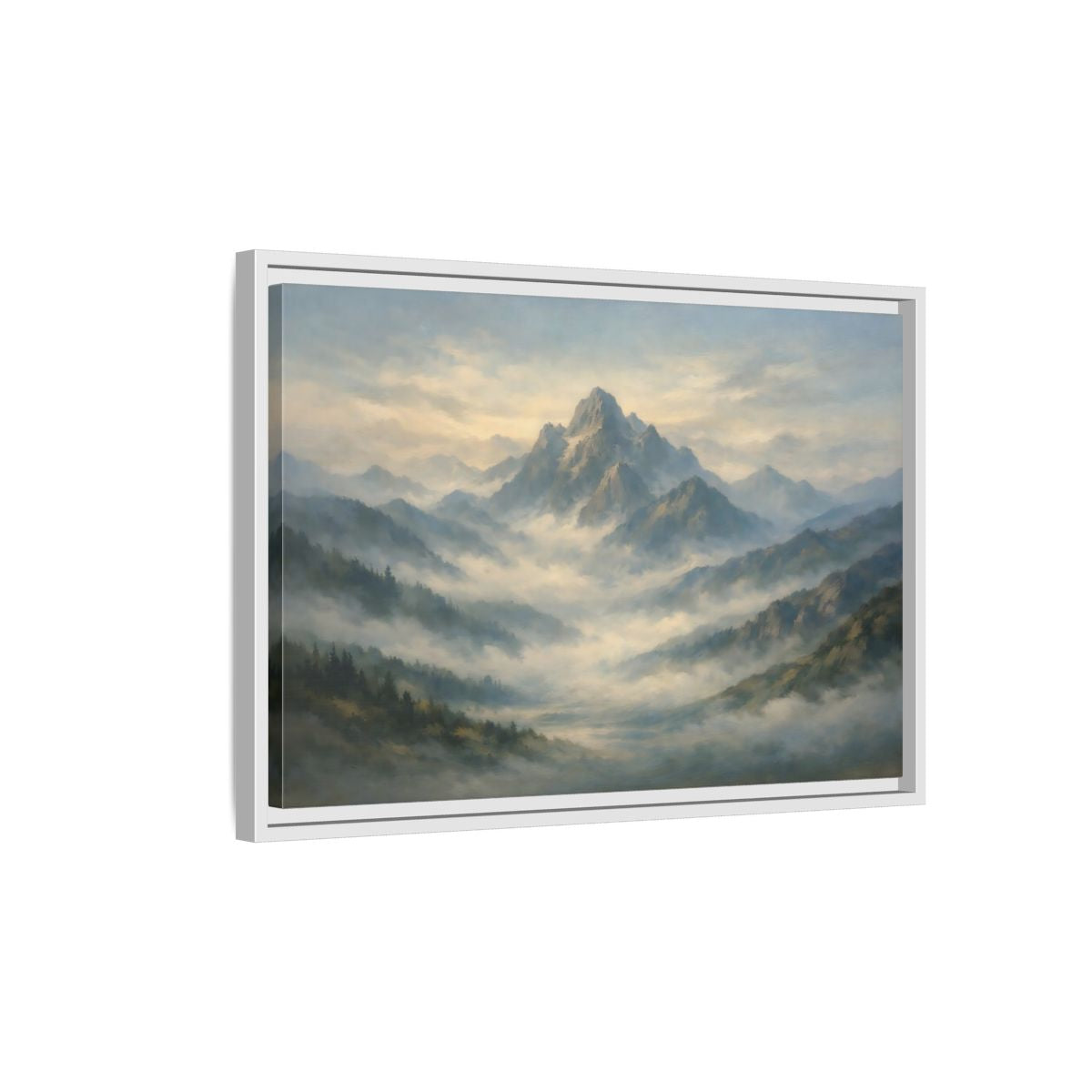 Side Mockup 1. Nature Misty Mountains Blue Green Landscape shown as stretched canvas wall art