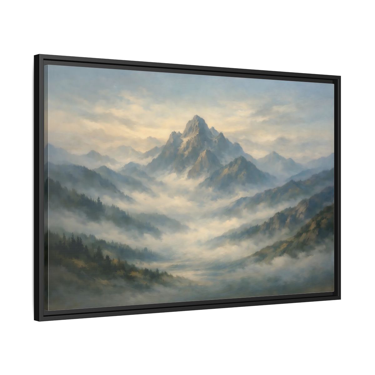 Side Mockup 13. Nature Misty Mountains Blue Green Landscape shown as stretched canvas wall art