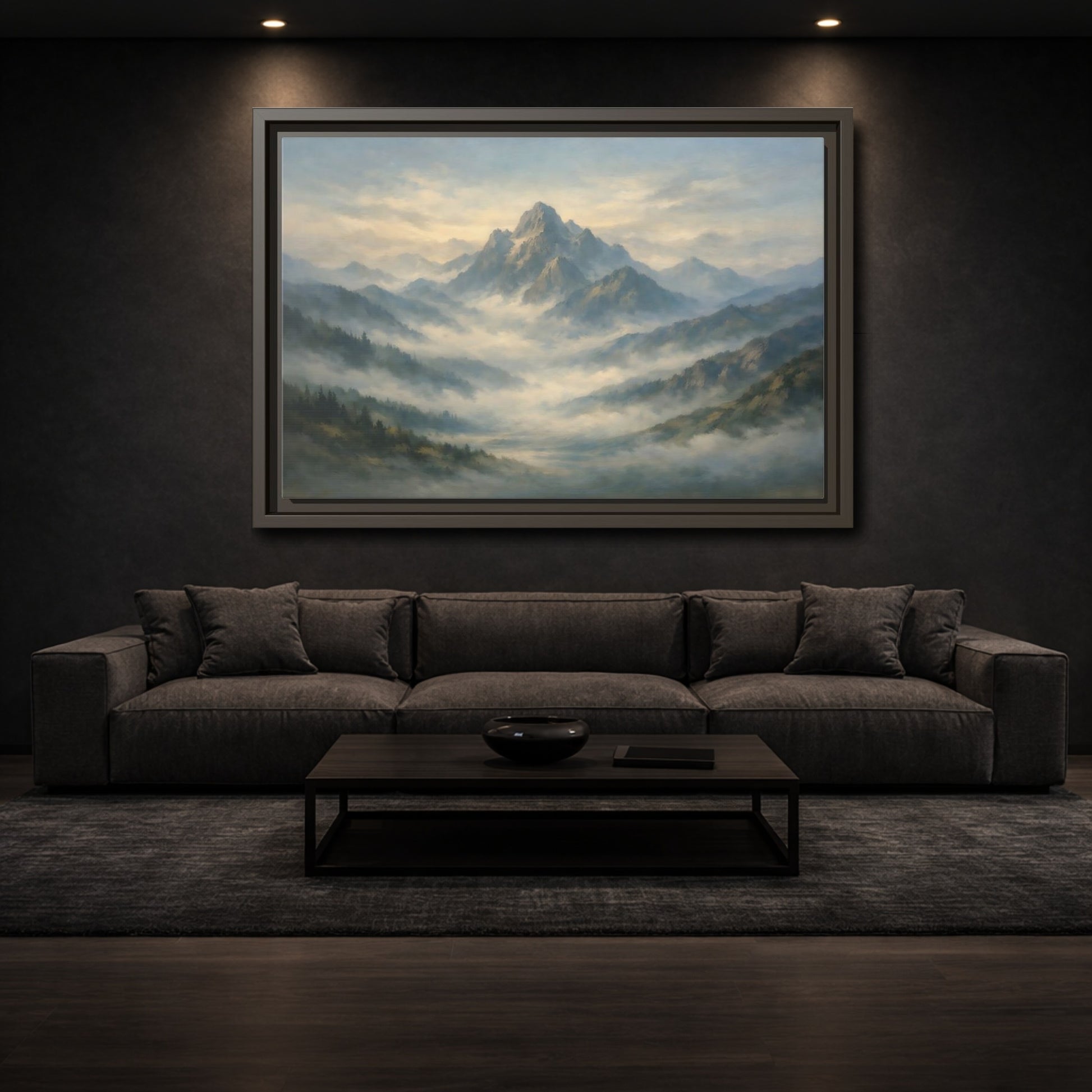 Mockup 2. Nature Misty Mountains Blue Green Landscape shown as stretched canvas wall art