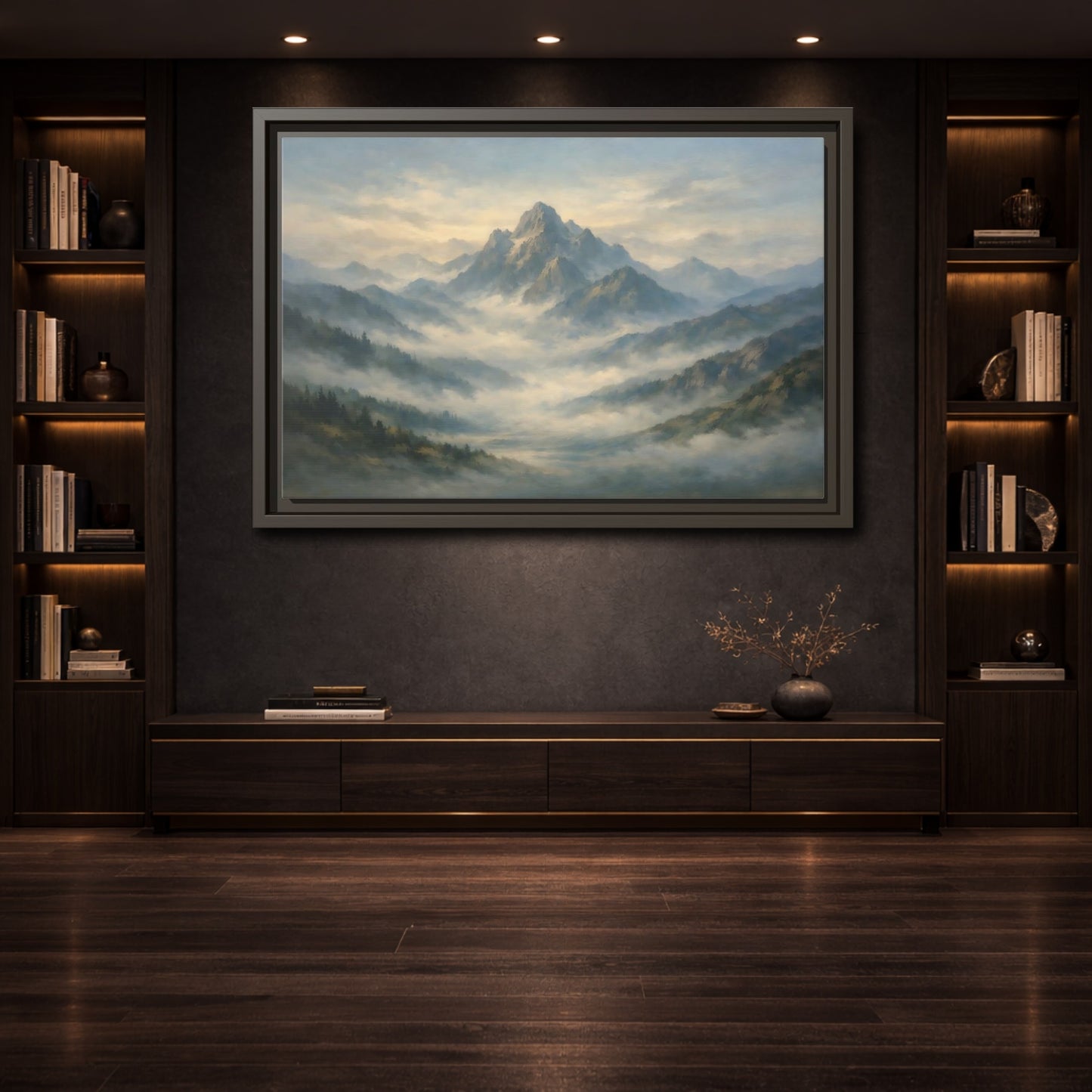 Mockup 3. Nature Misty Mountains Blue Green Landscape shown as stretched canvas wall art