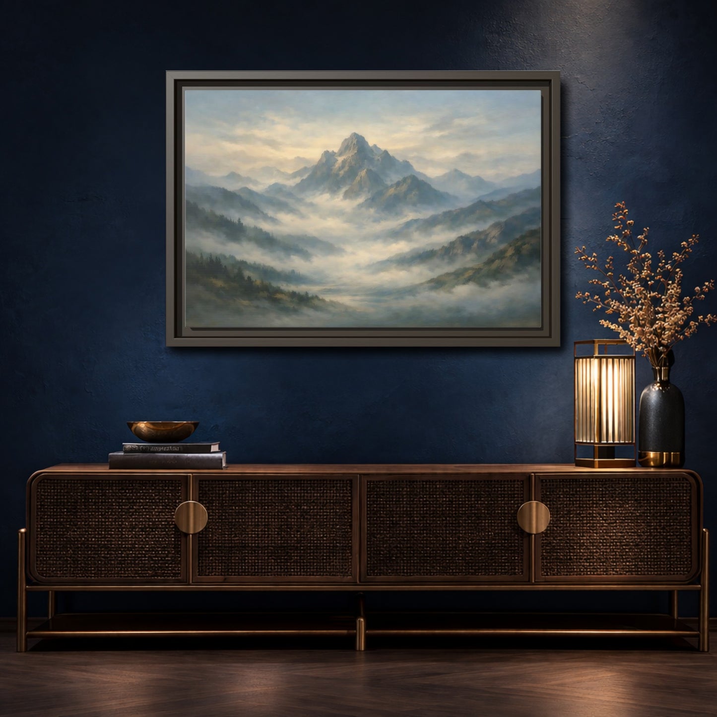 Mockup 4. Nature Misty Mountains Blue Green Landscape shown as stretched canvas wall art