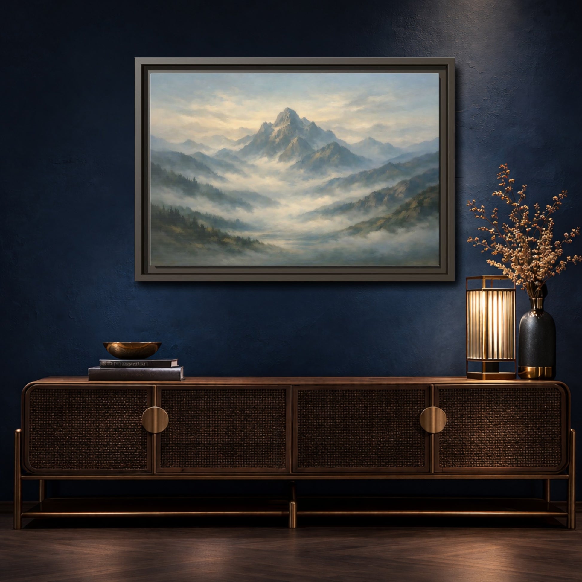 Mockup 4. Nature Misty Mountains Blue Green Landscape shown as stretched canvas wall art