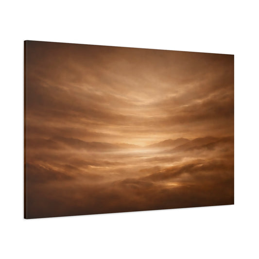 Main Mockup. Nature Misty Mountains Brown And Gold shown as stretched canvas wall art