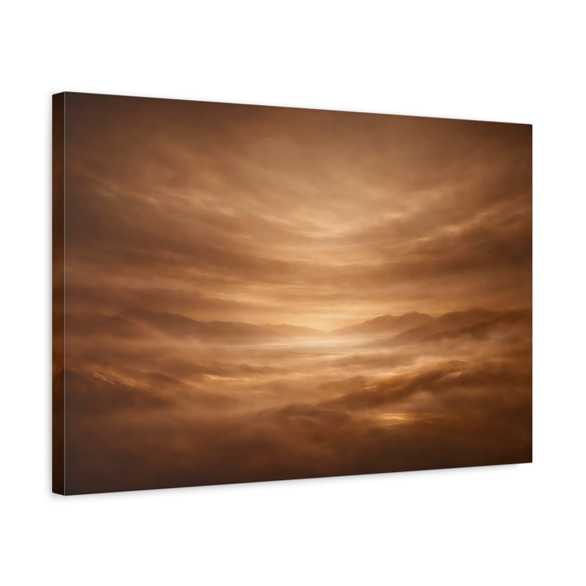 Side Mockup 3. Nature Misty Mountains Brown And Gold shown as stretched canvas wall art