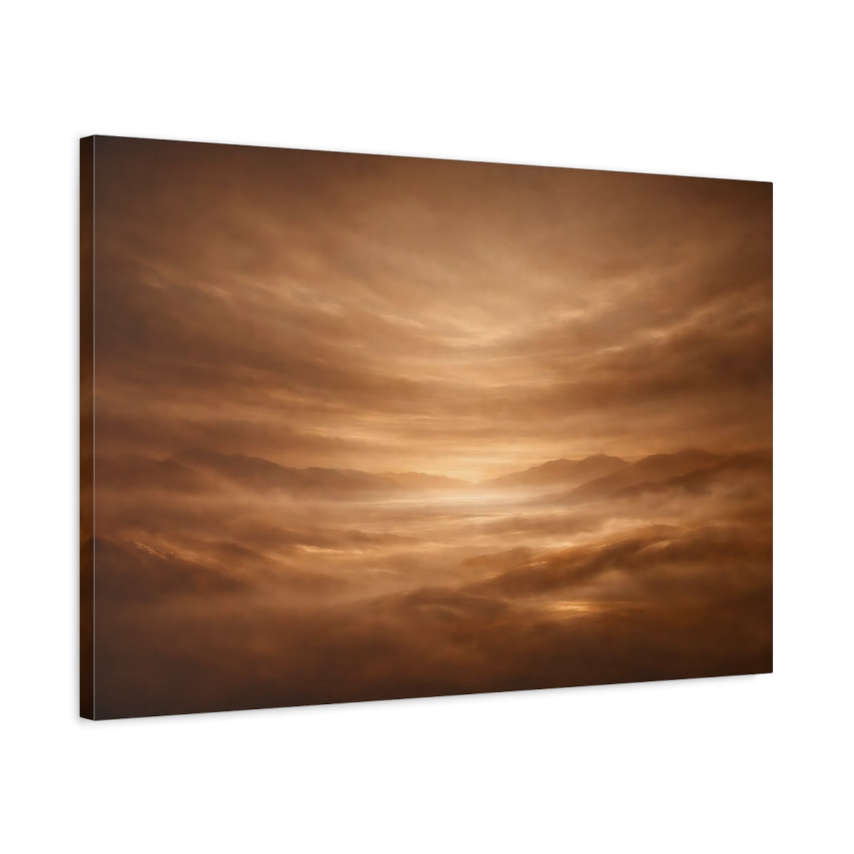 Side Mockup 2. Nature Misty Mountains Brown And Gold shown as stretched canvas wall art