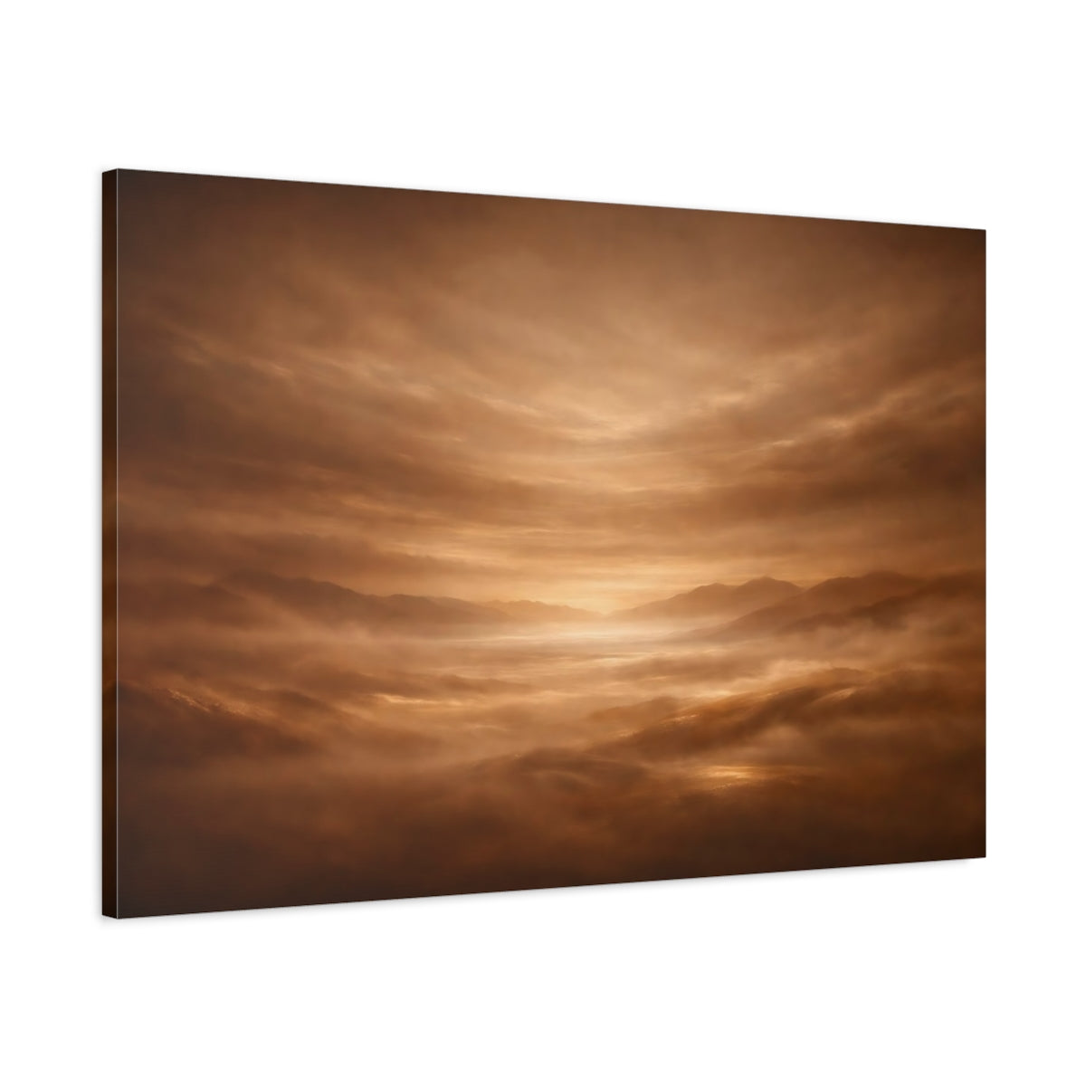 Side Mockup 1. Nature Misty Mountains Brown And Gold shown as stretched canvas wall art