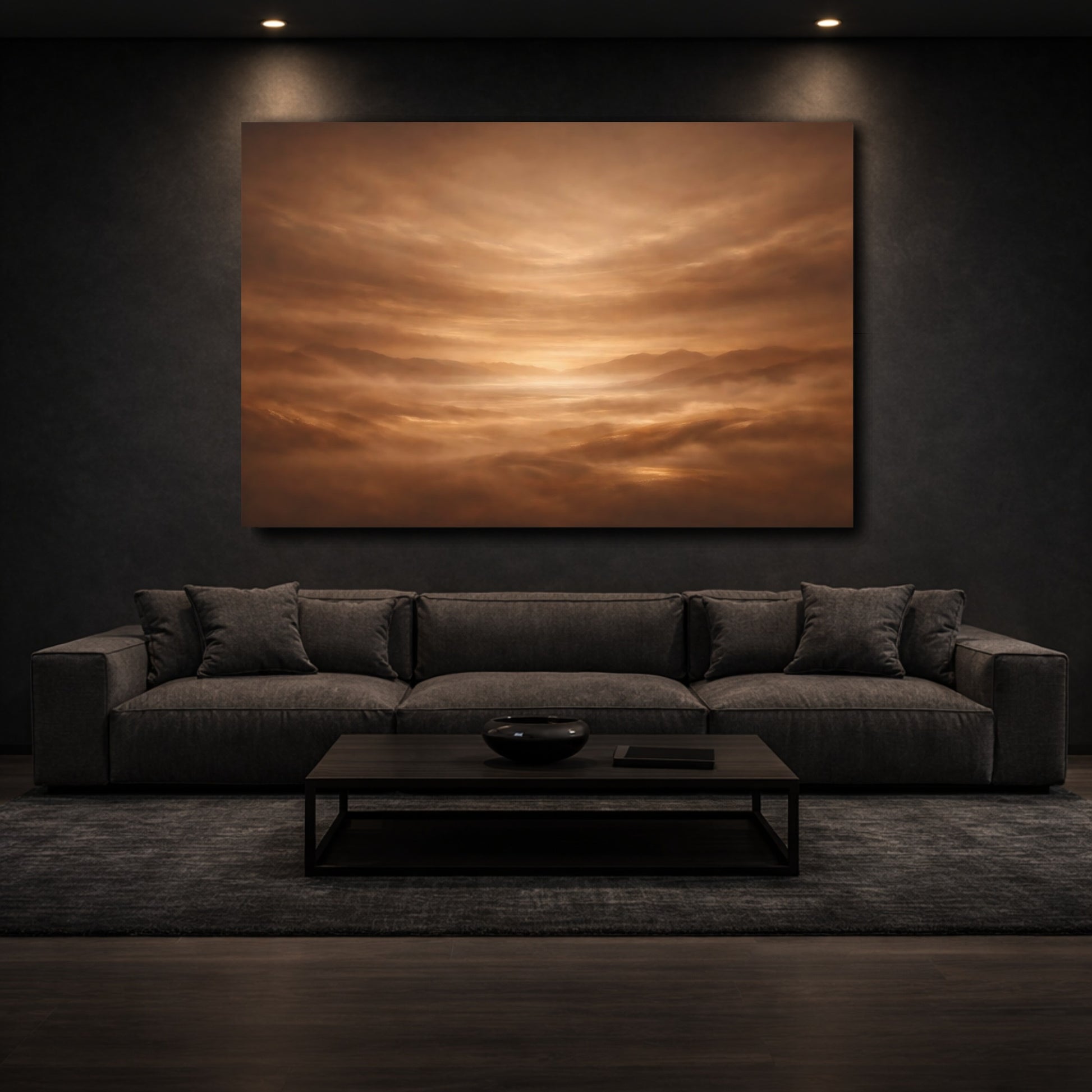Mockup 2. Nature Misty Mountains Brown And Gold shown as stretched canvas wall art