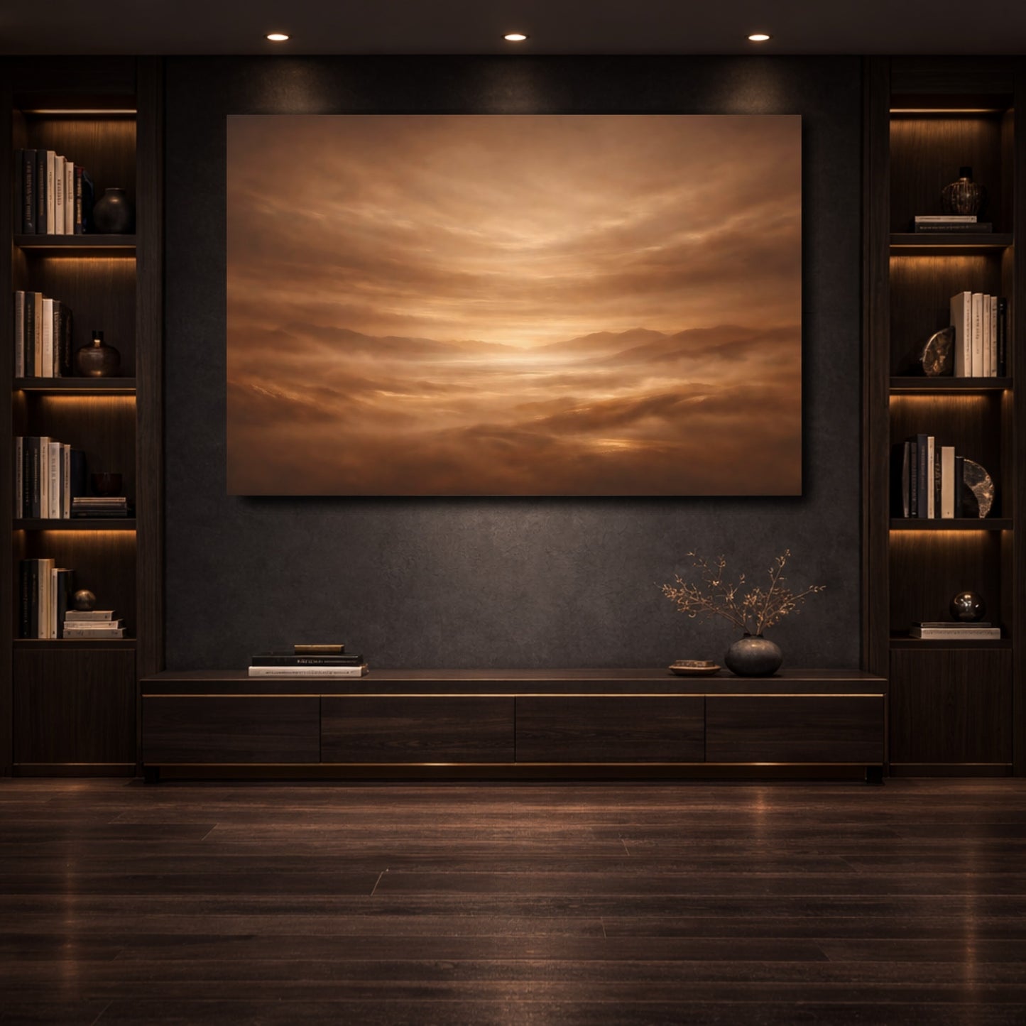 Mockup 3. Nature Misty Mountains Brown And Gold shown as stretched canvas wall art