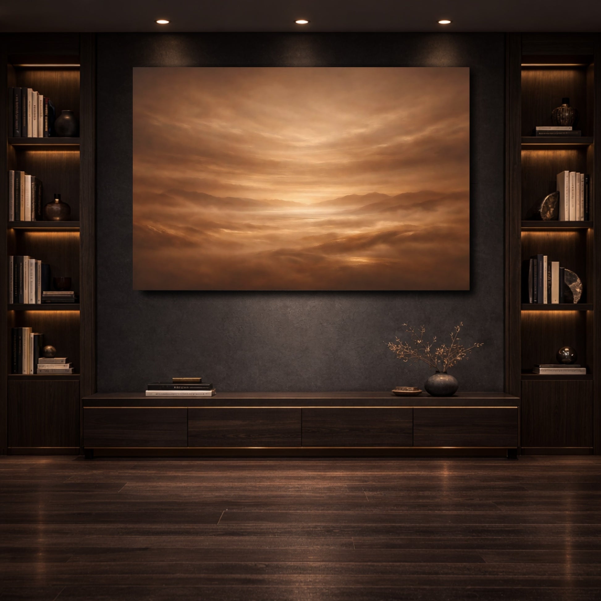 Mockup 3. Nature Misty Mountains Brown And Gold shown as stretched canvas wall art