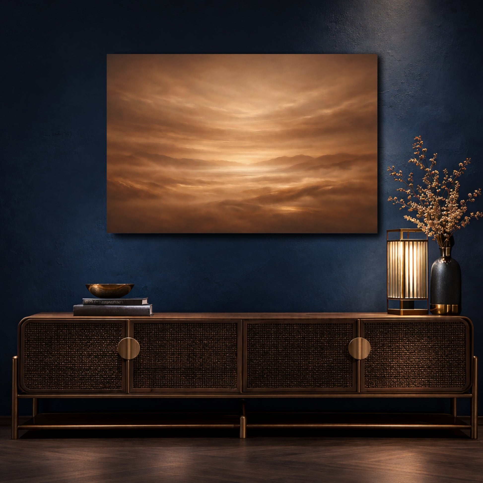 Mockup 4. Nature Misty Mountains Brown And Gold shown as stretched canvas wall art