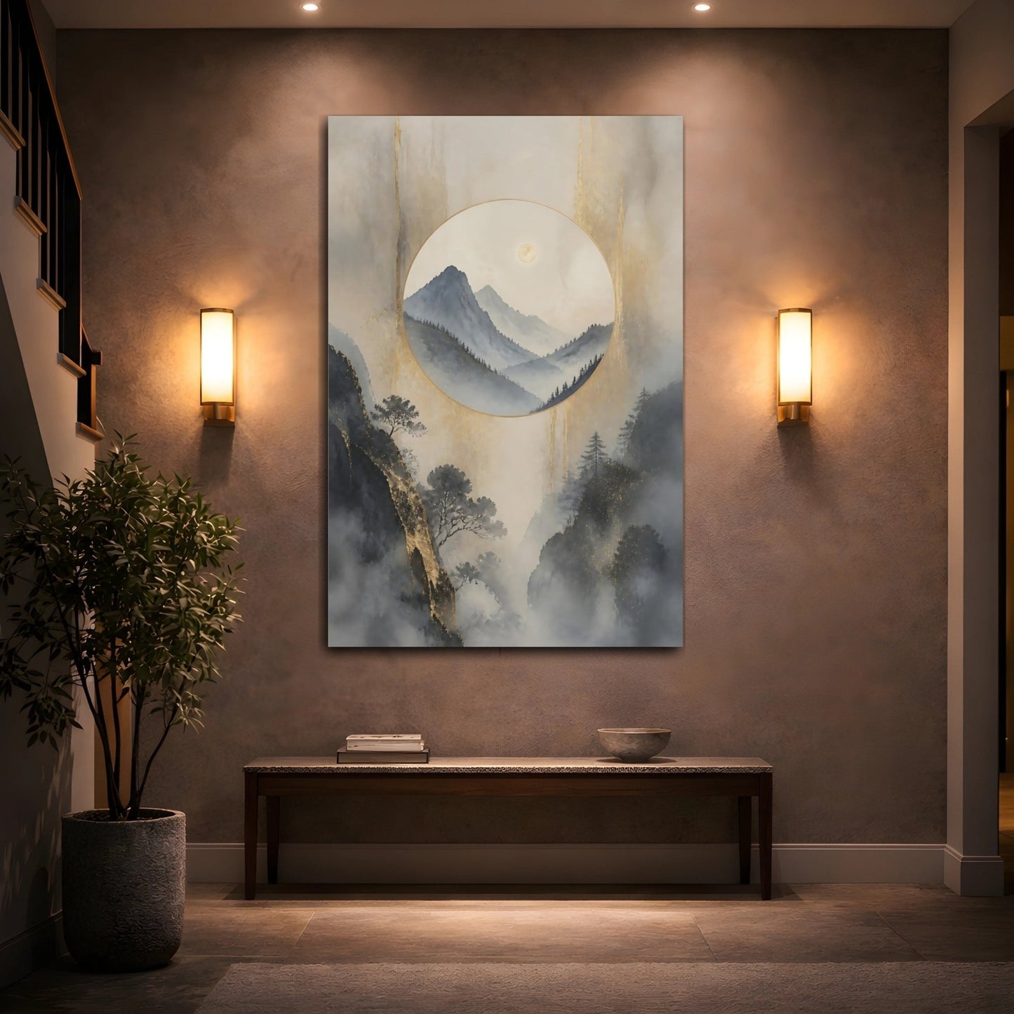 Nature Misty Mountains Gold Canvas Print – Asian Art Decor for Living Room, Above Console Table - YesArtYes