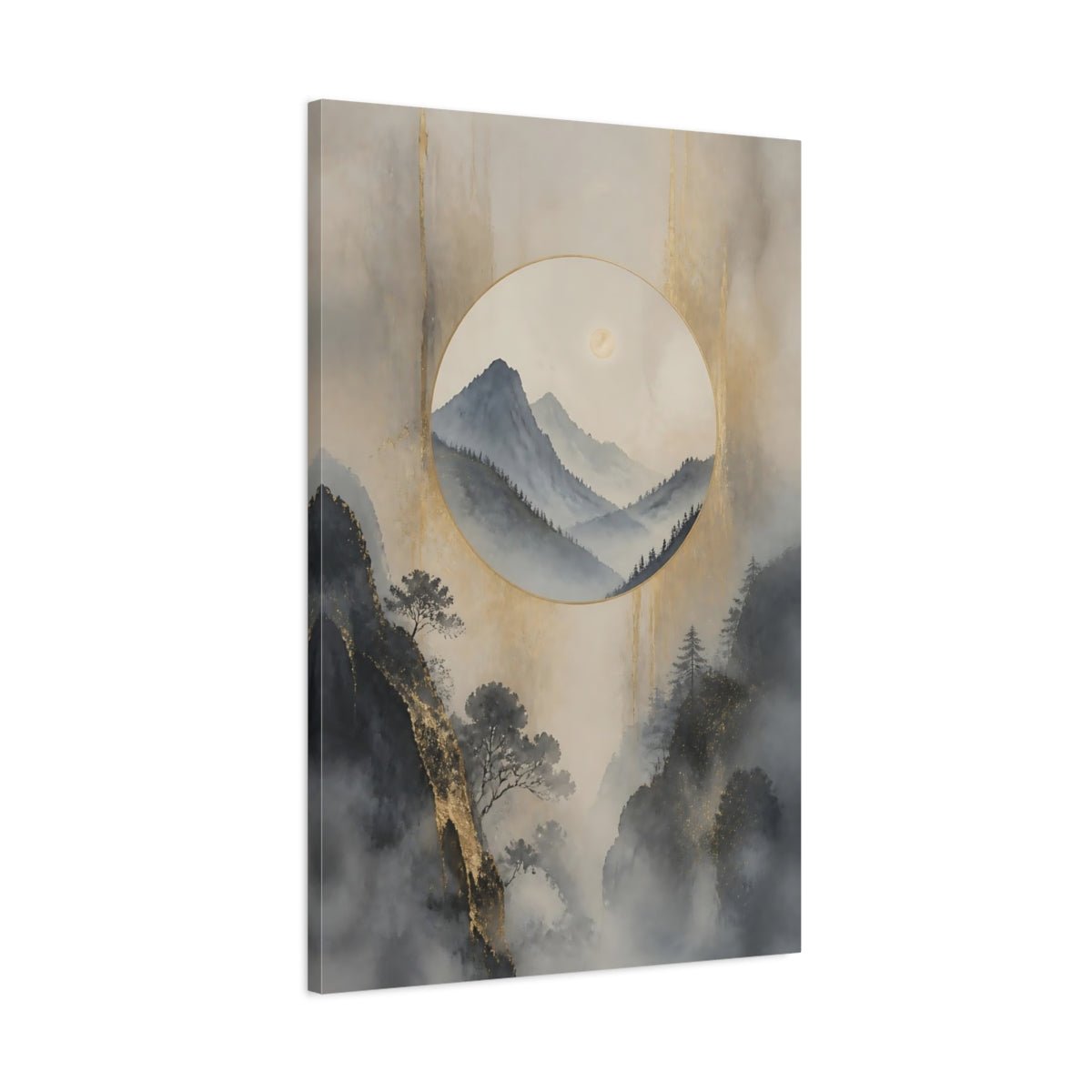 Nature Misty Mountains Gold Canvas Print – Asian Art Decor for Living Room, Above Console Table - YesArtYes