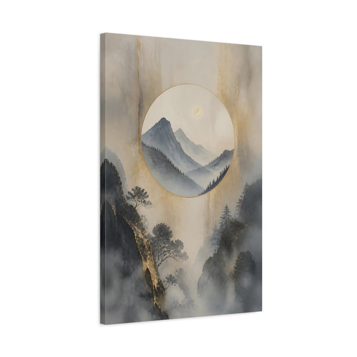 Nature Misty Mountains Gold Canvas Print – Asian Art Decor for Living Room, Above Console Table - YesArtYes