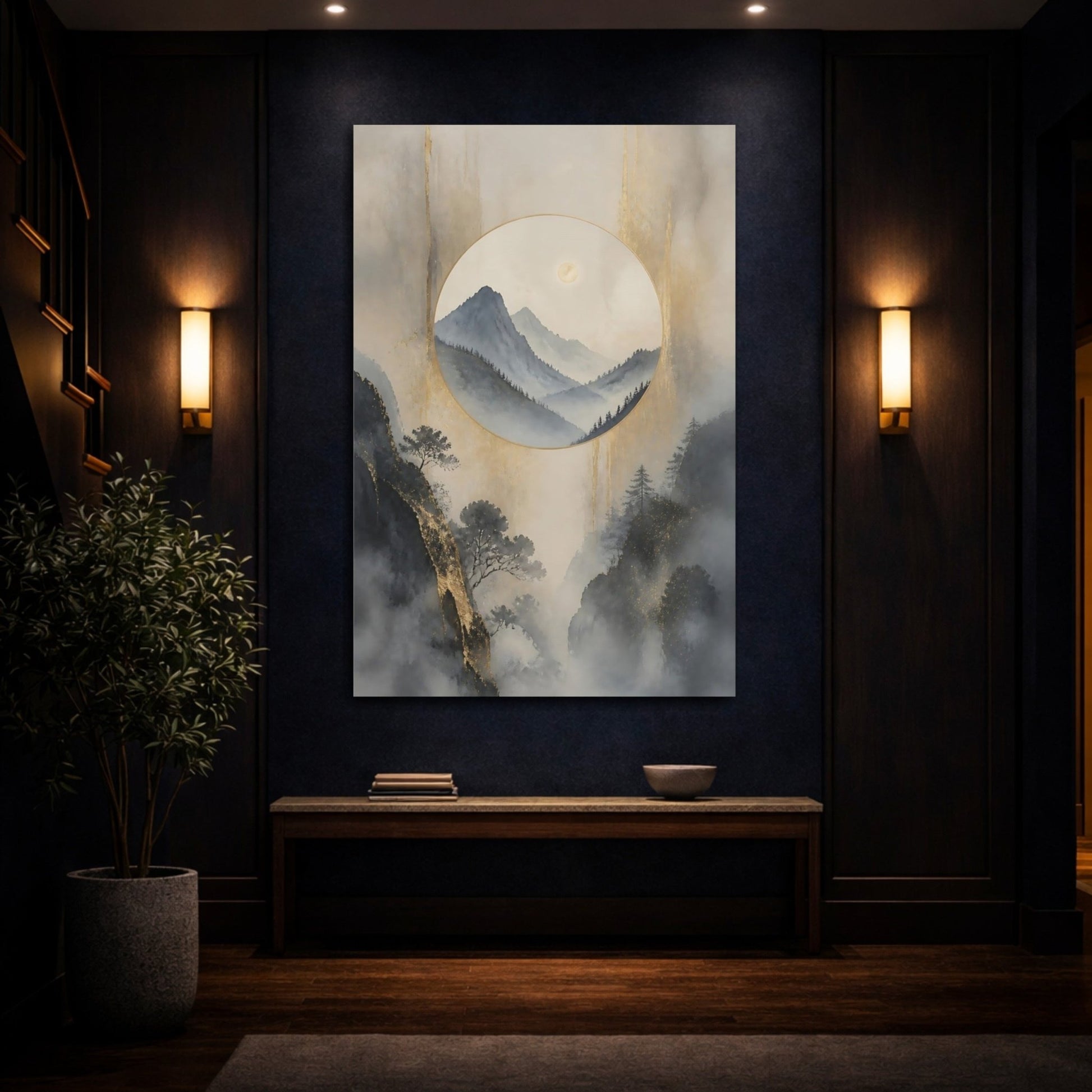 Nature Misty Mountains Gold Canvas Print – Asian Art Decor for Living Room, Above Console Table - YesArtYes