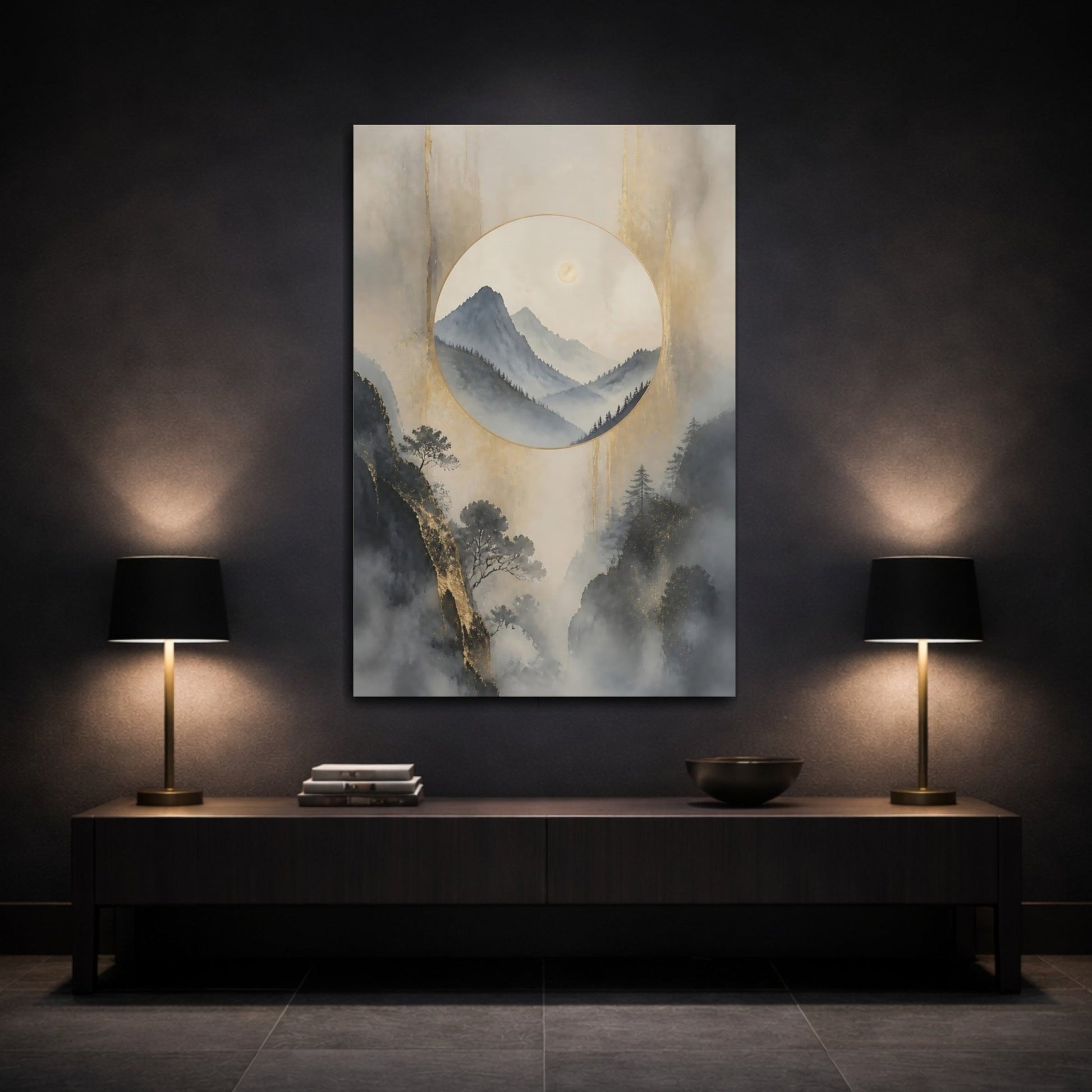Nature Misty Mountains Gold Canvas Print – Asian Art Decor for Living Room, Above Console Table - YesArtYes