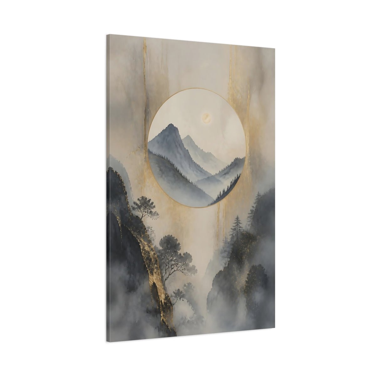 Nature Misty Mountains Gold Canvas Print – Asian Art Decor for Living Room, Above Console Table - YesArtYes