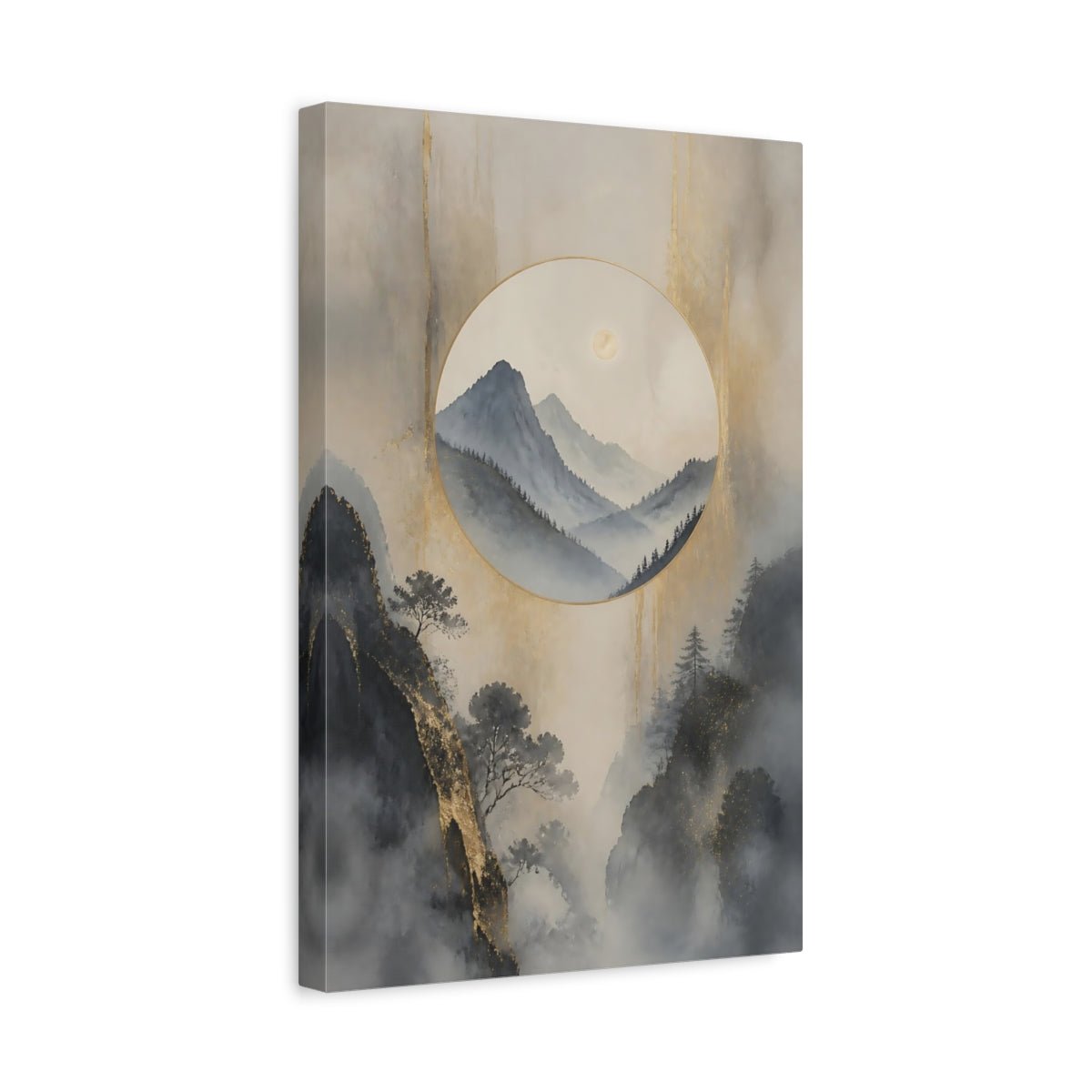 Nature Misty Mountains Gold Canvas Print – Asian Art Decor for Living Room, Above Console Table - YesArtYes