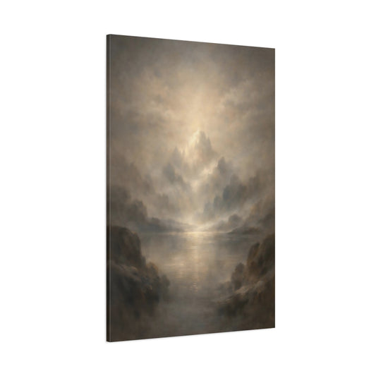 Main Mockup. Nature Misty Mountains Golden Grey Landscape shown as stretched canvas wall art