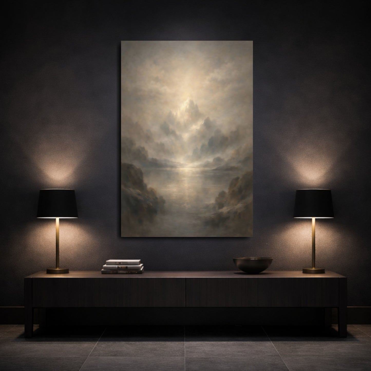 Mockup 2. Nature Misty Mountains Golden Grey Landscape shown as stretched canvas wall art