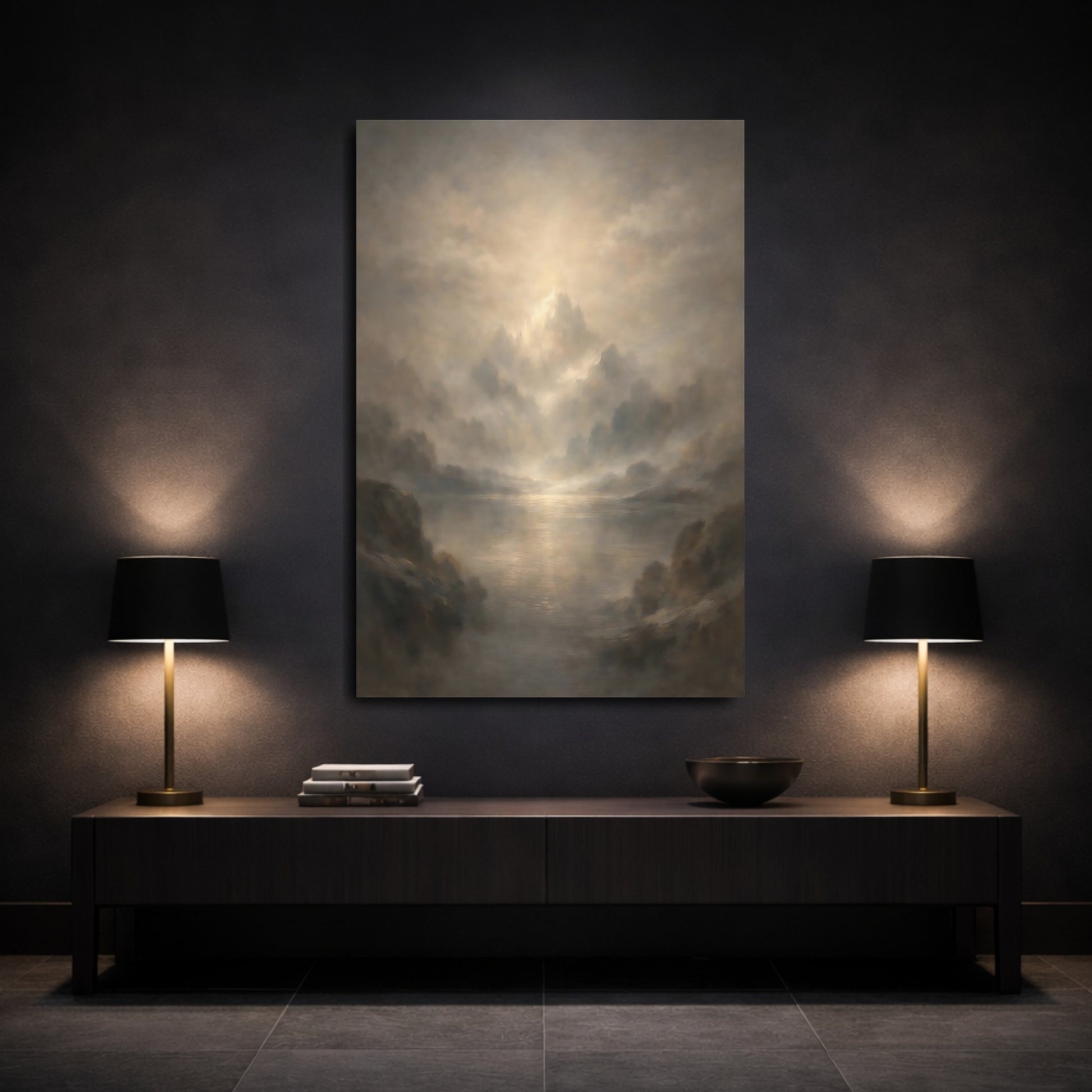 Mockup 2. Nature Misty Mountains Golden Grey Landscape shown as stretched canvas wall art