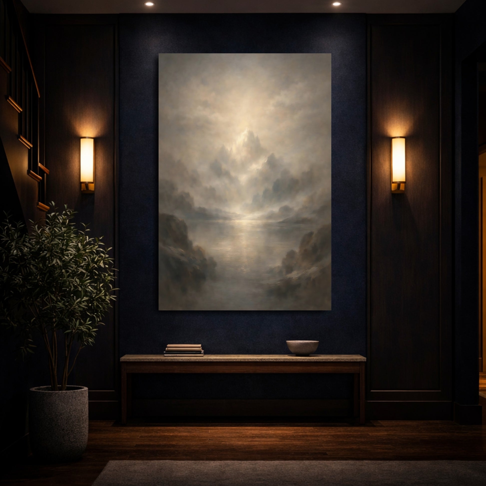 Mockup 3. Nature Misty Mountains Golden Grey Landscape shown as stretched canvas wall art