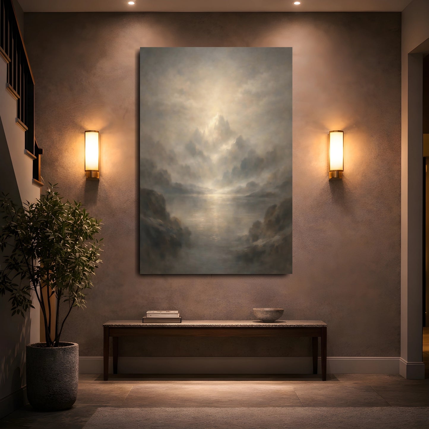 Mockup 4. Nature Misty Mountains Golden Grey Landscape shown as stretched canvas wall art