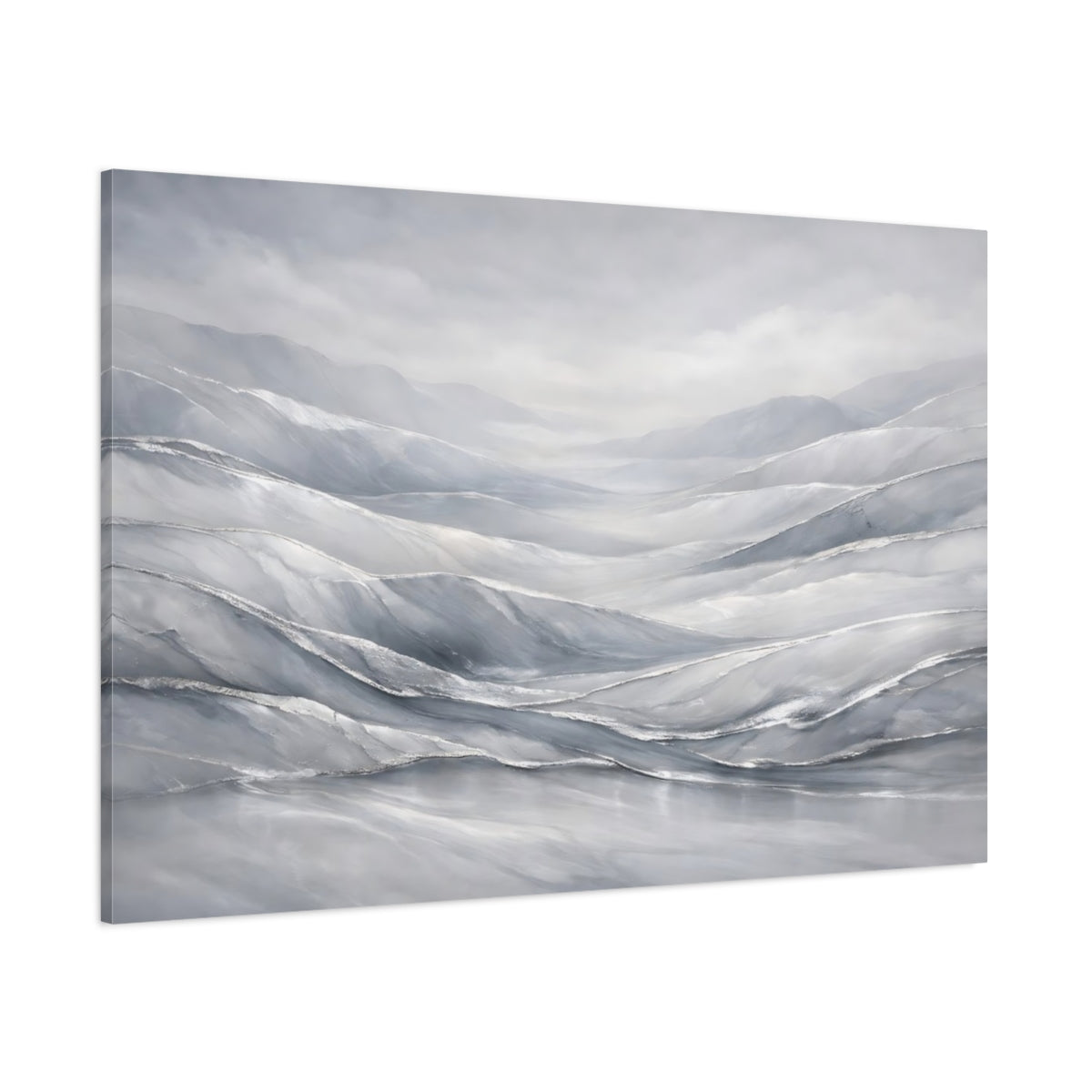 Main Mockup. Nature Misty Mountains Gray Silver Mountains shown as stretched canvas wall art