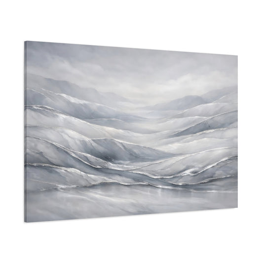 Main Mockup. Nature Misty Mountains Gray Silver Mountains shown as stretched canvas wall art