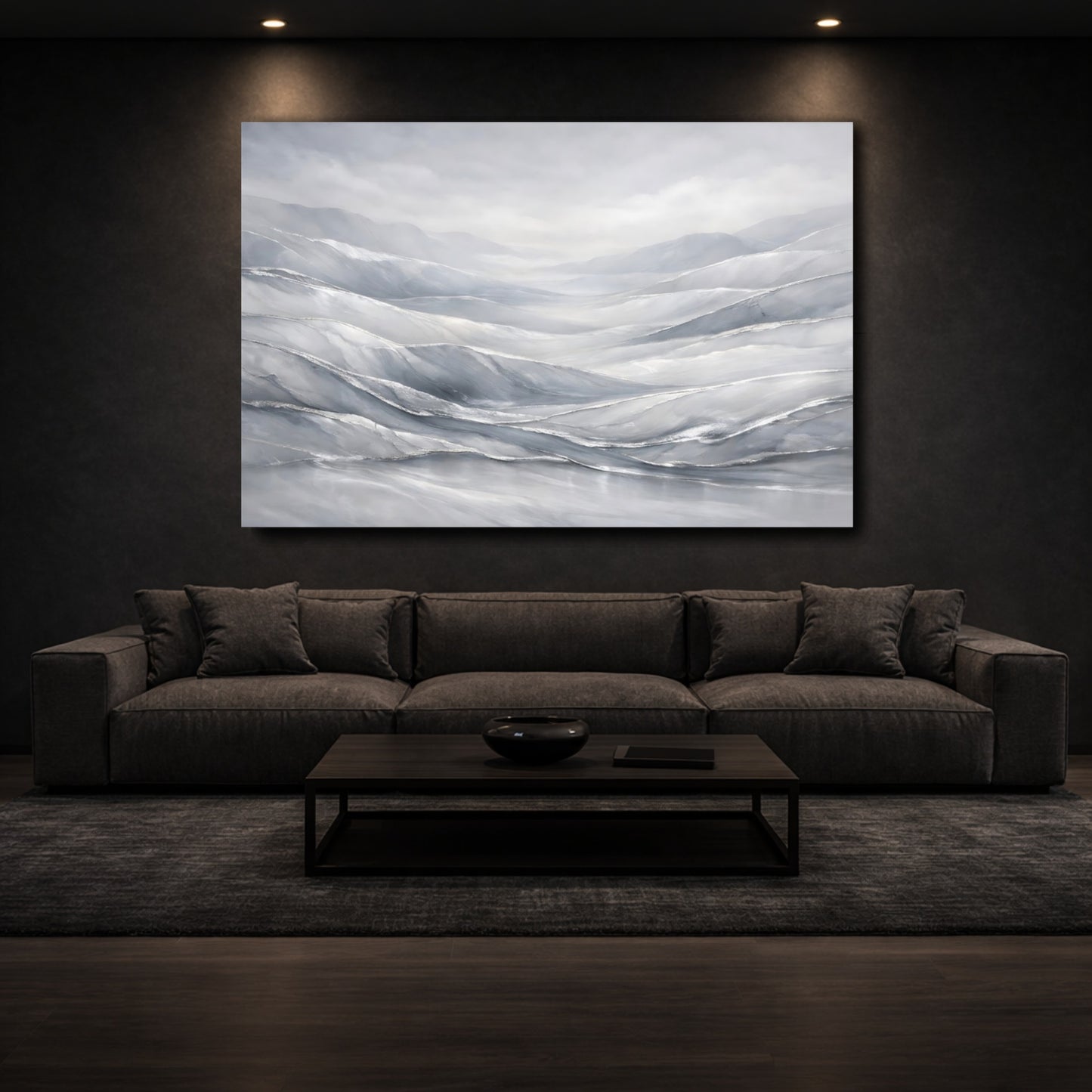 Mockup 2. Nature Misty Mountains Gray Silver Mountains shown as stretched canvas wall art