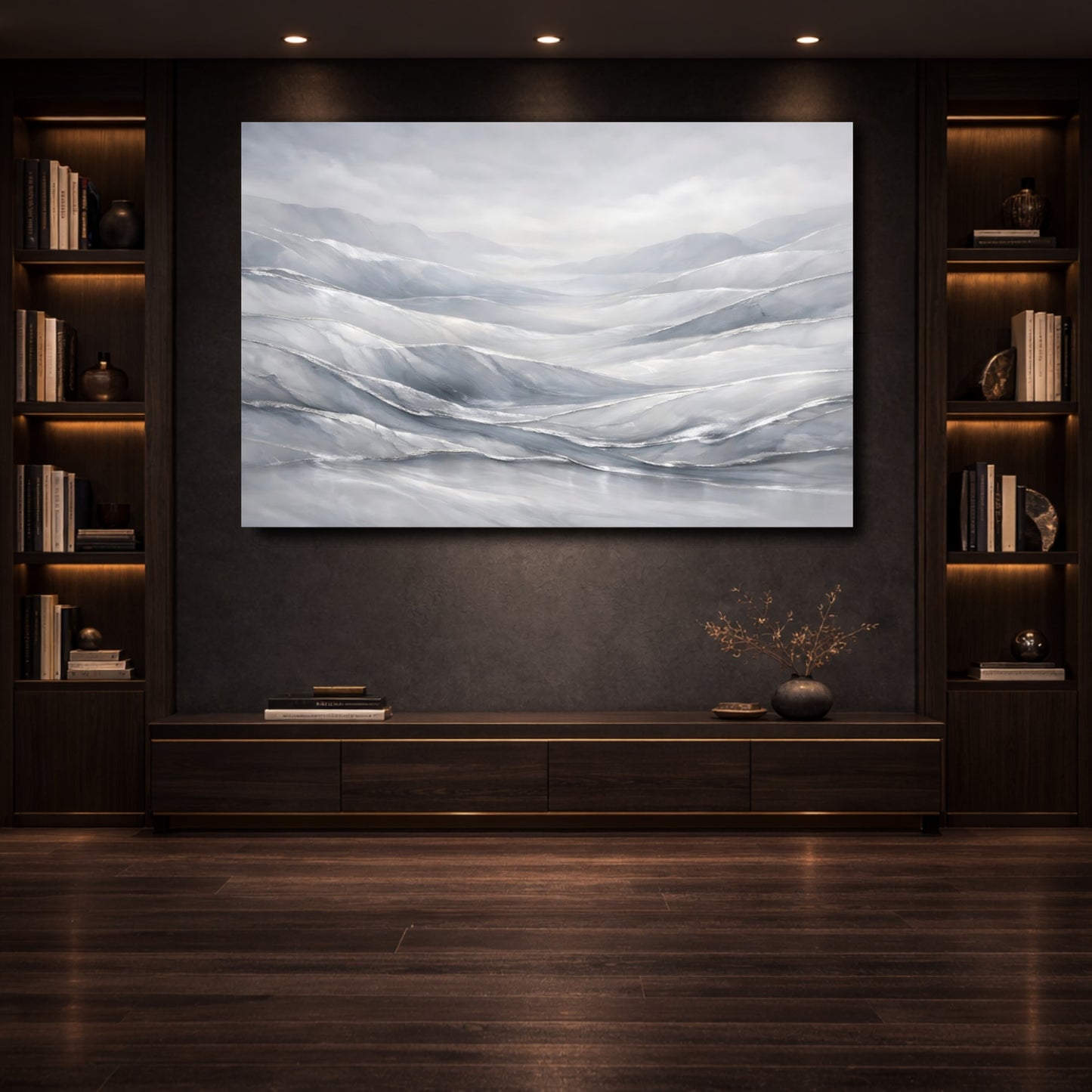 Mockup 3. Nature Misty Mountains Gray Silver Mountains shown as stretched canvas wall art