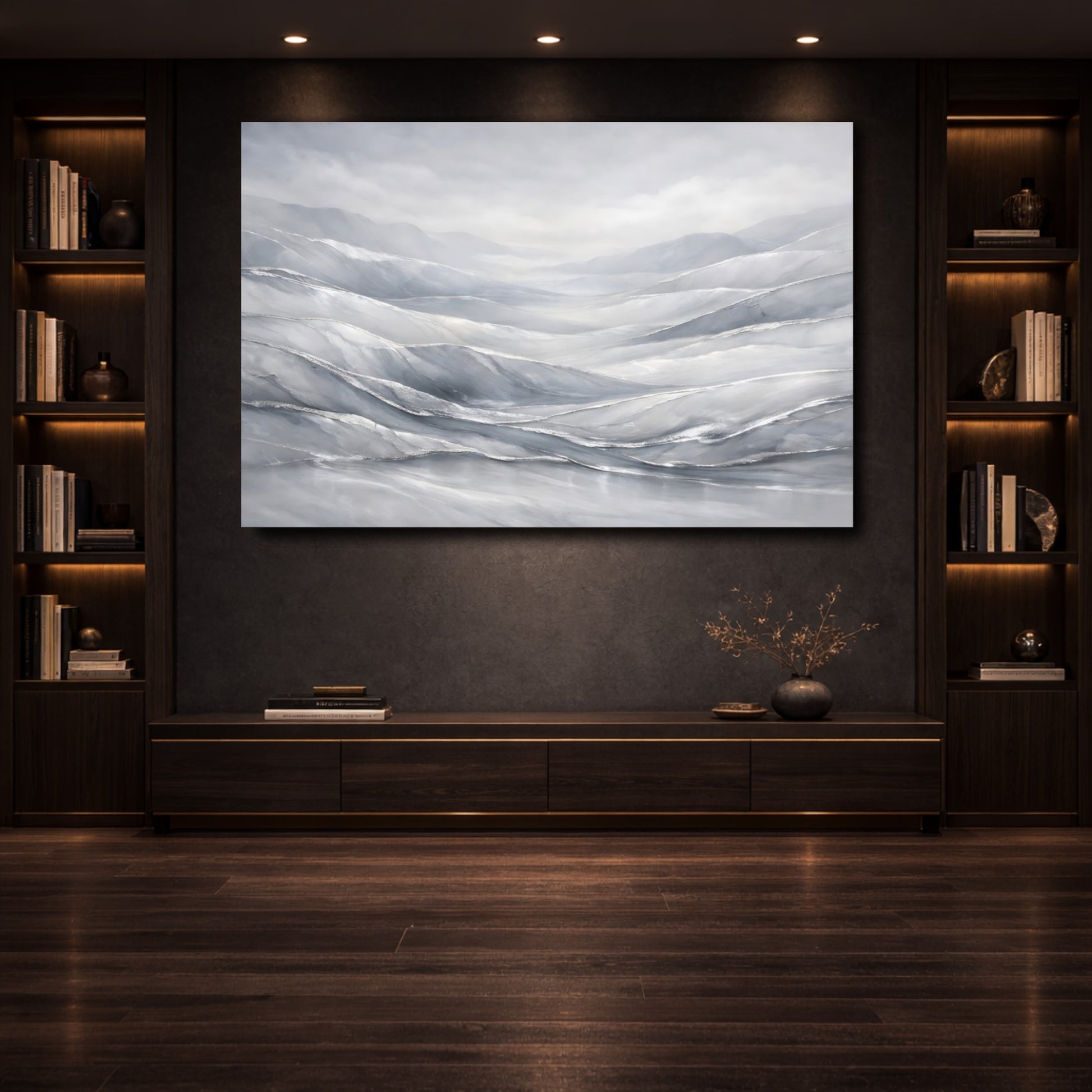 Mockup 3. Nature Misty Mountains Gray Silver Mountains shown as stretched canvas wall art