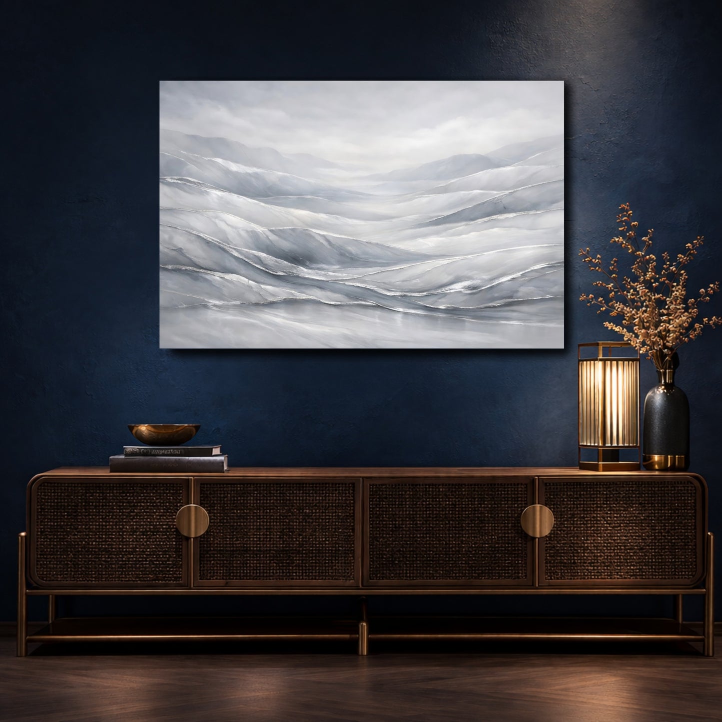 Mockup 4. Nature Misty Mountains Gray Silver Mountains shown as stretched canvas wall art