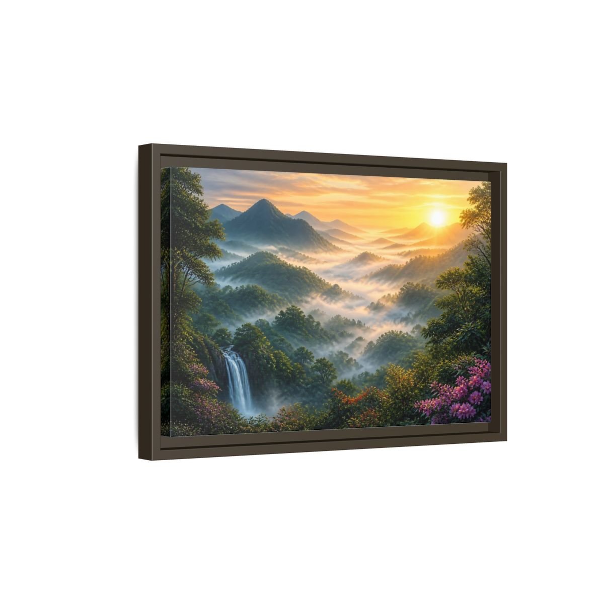 Nature Misty Mountains Landscape Framed Canvas Wall Art Print – Realistic Living Room, Above Fireplace - YesArtYes