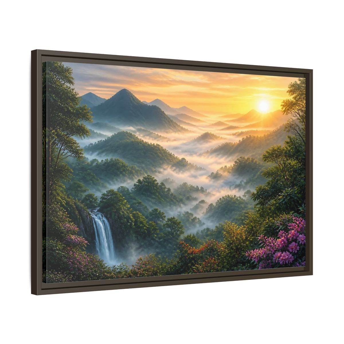 Nature Misty Mountains Landscape Framed Canvas Wall Art Print – Realistic Living Room, Above Fireplace - YesArtYes