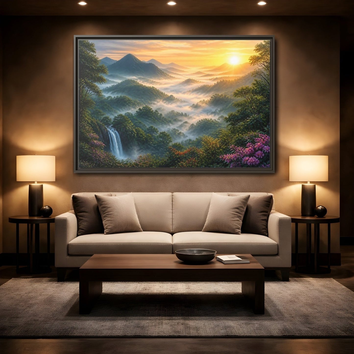 Nature Misty Mountains Landscape Framed Canvas Wall Art Print – Realistic Living Room, Above Fireplace - YesArtYes