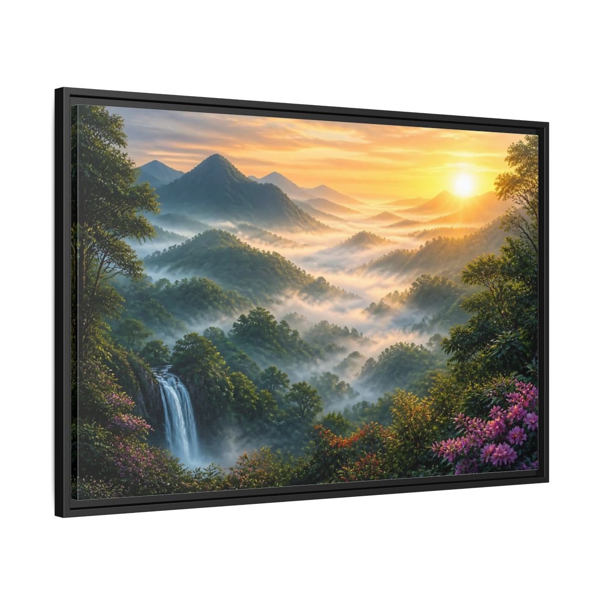 Nature Misty Mountains Landscape Framed Canvas Wall Art Print – Realistic Living Room, Above Fireplace - YesArtYes