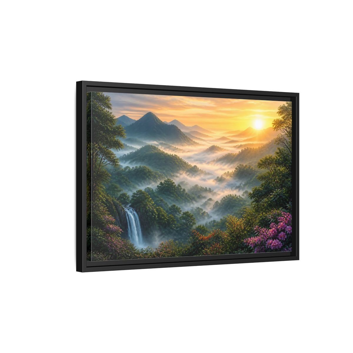 Nature Misty Mountains Landscape Framed Canvas Wall Art Print – Realistic Living Room, Above Fireplace - YesArtYes
