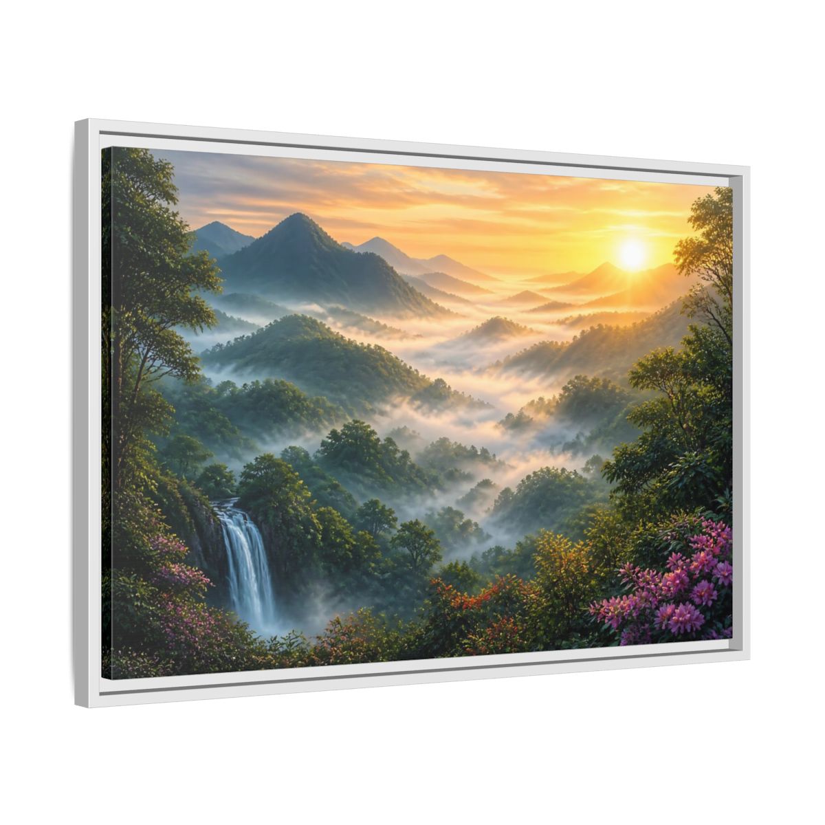 Nature Misty Mountains Landscape Framed Canvas Wall Art Print – Realistic Living Room, Above Fireplace - YesArtYes