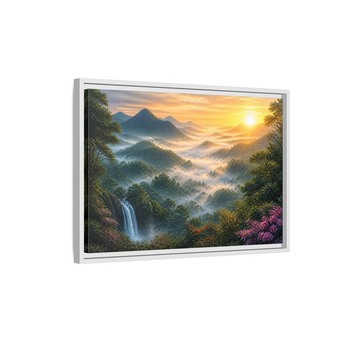 Nature Misty Mountains Landscape Framed Canvas Wall Art Print – Realistic Living Room, Above Fireplace - YesArtYes