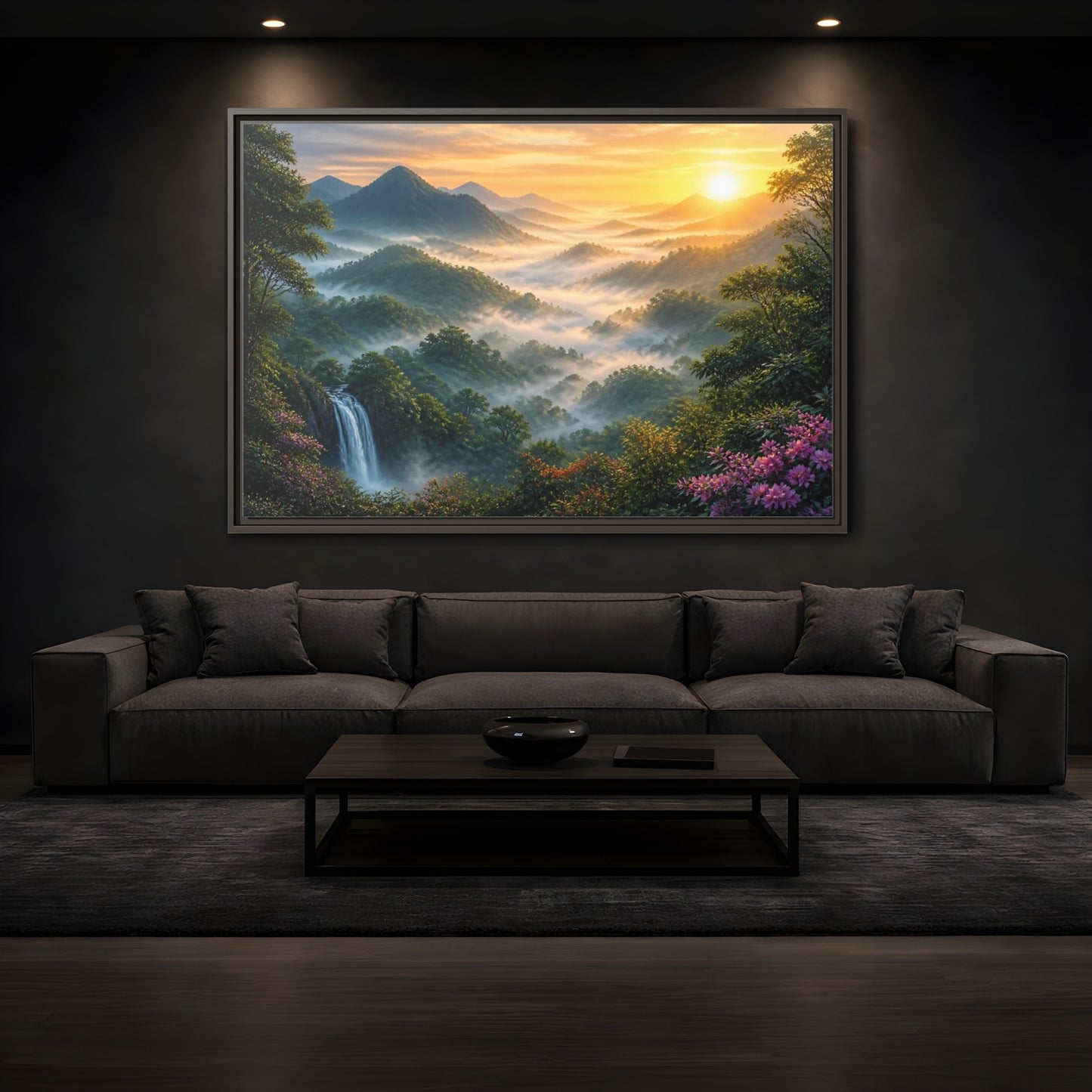 Mockup 3. Nature Misty Mountains Misty Mountain Landscape shown as stretched canvas wall art