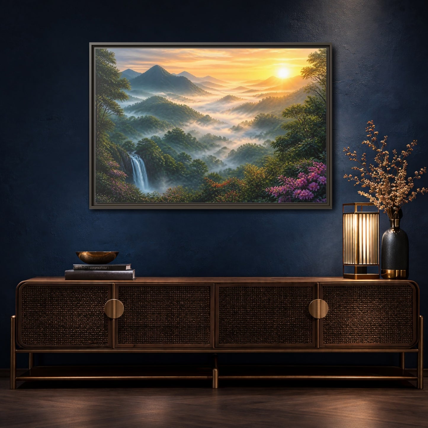 Mockup 4. Nature Misty Mountains Misty Mountain Landscape shown as stretched canvas wall art