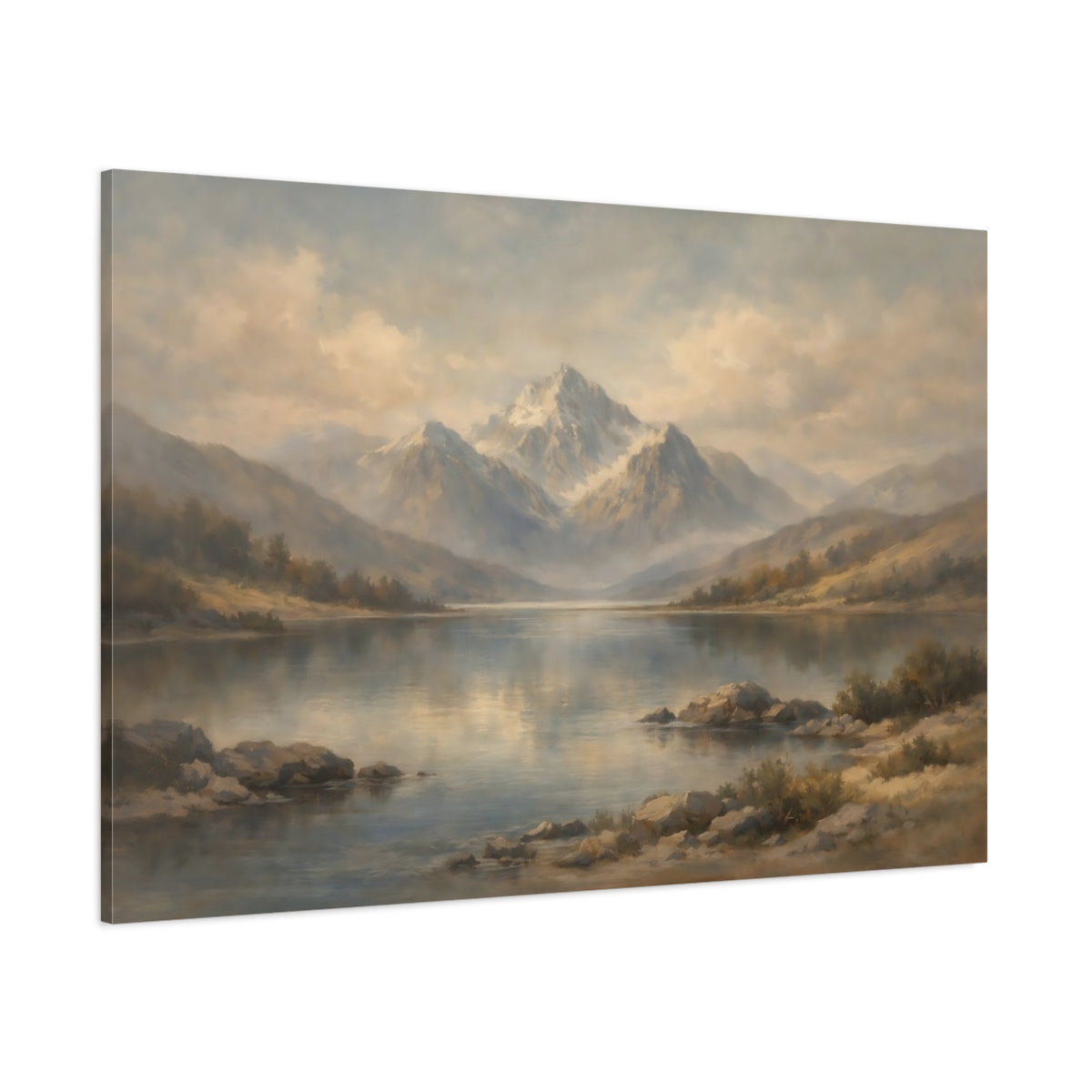 Main Mockup. Nature Misty Mountains Misty Mountains Lake shown as stretched canvas wall art