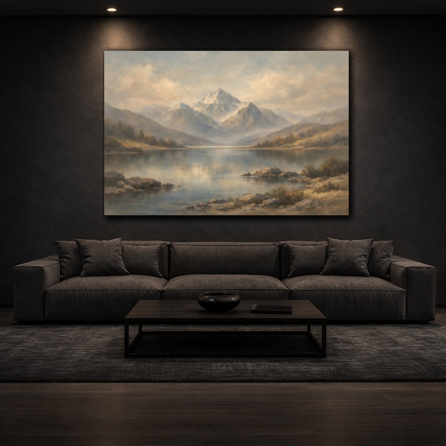 Mockup 2. Nature Misty Mountains Misty Mountains Lake shown as stretched canvas wall art