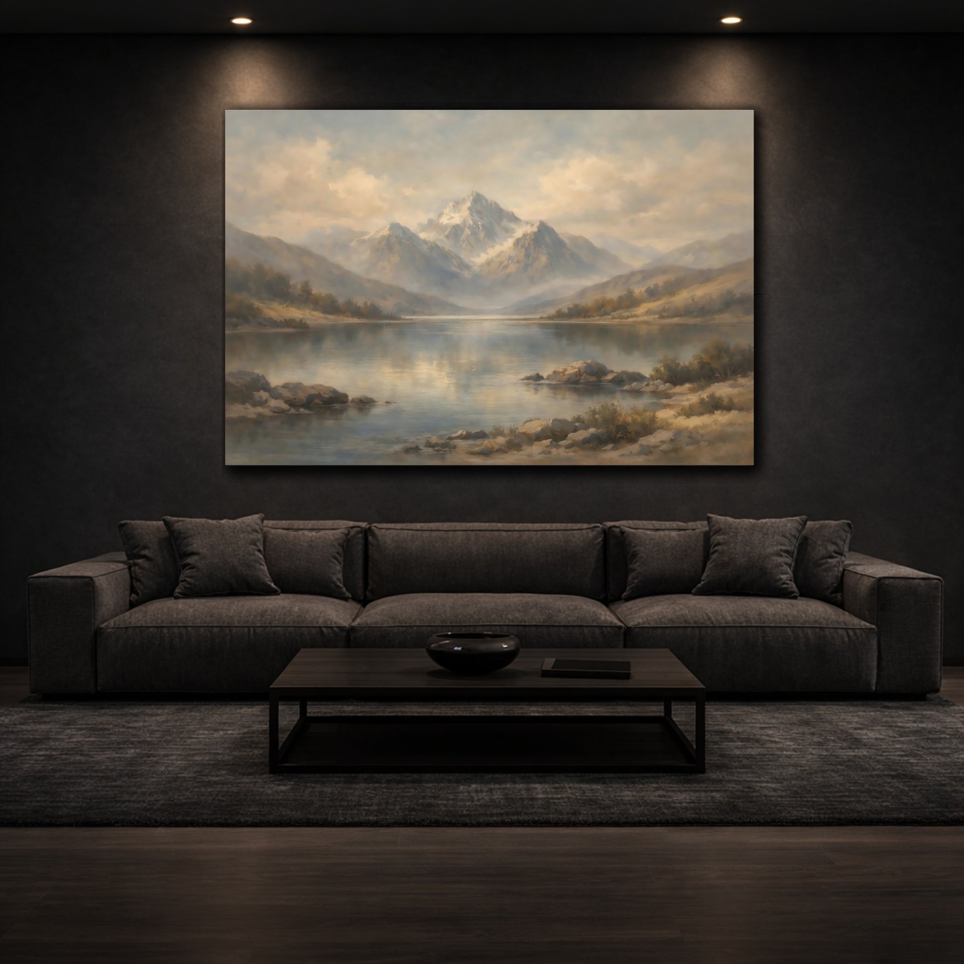 Mockup 2. Nature Misty Mountains Misty Mountains Lake shown as stretched canvas wall art
